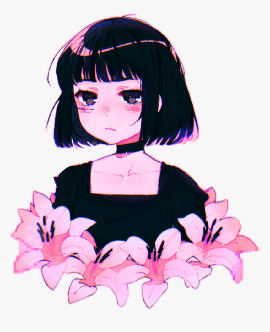 穿黑衣的傷心女孩與粉花美學 壁紙 — 動畫女孩，黑色波波頭，腰間圍繞粉紅色百合花，背景簡潔。
