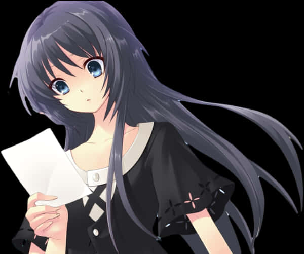 穿黑裙持信動漫少女 壁紙 — 動漫女孩，長黑髮，藍眼睛，在黑色背景前拿著一張白紙。