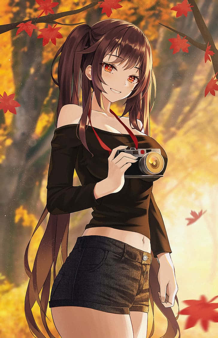 穿黑裙的嬌小動漫少女 壁紙 — 金秋陽光下，棕色雙馬尾的動漫女孩在飄落的紅楓葉中拿著相機。