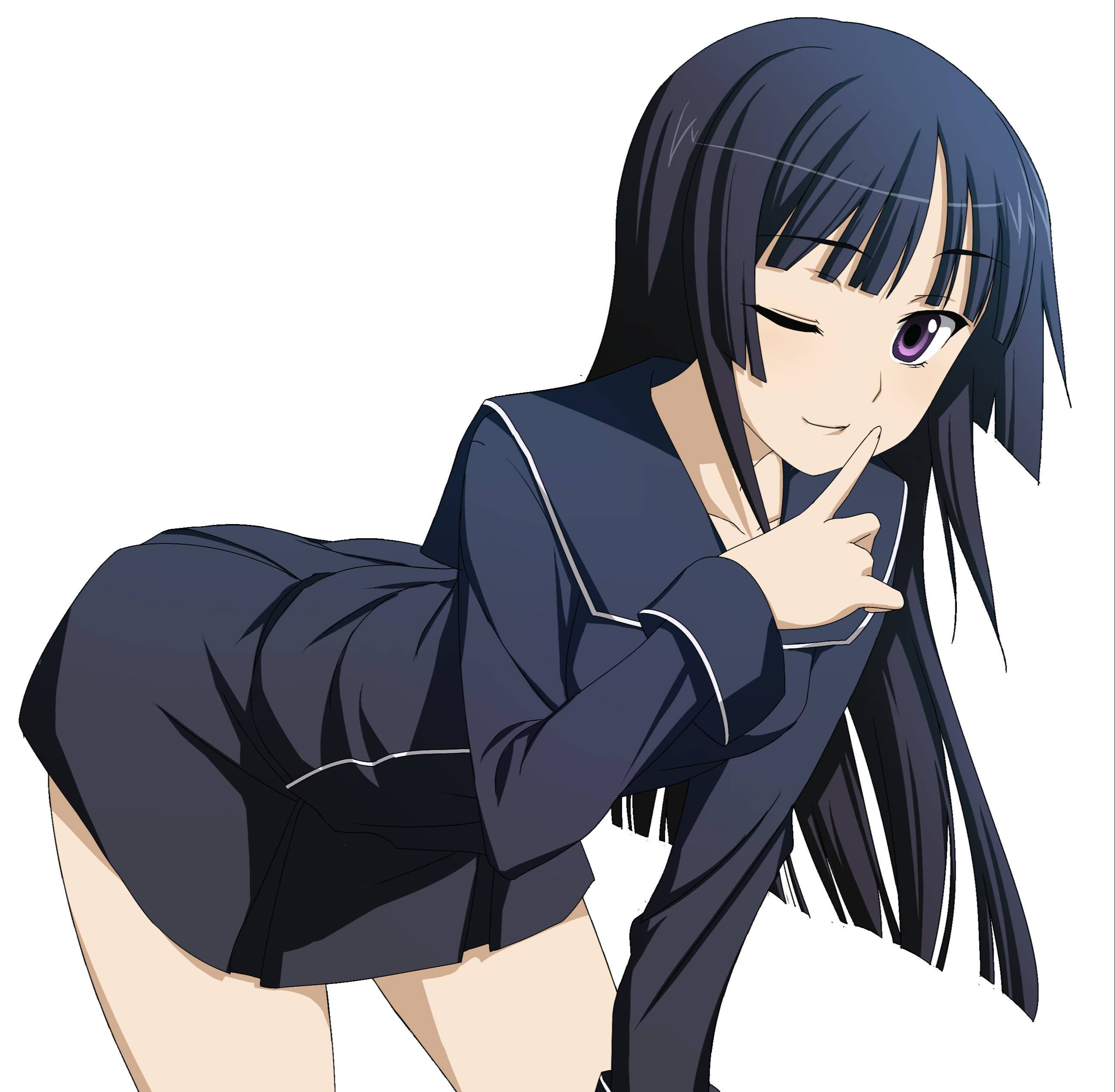 穿黑裙的性感動漫少女 壁紙 — 動漫女孩穿著深藍色水手服，在白色背景前眨眼並頑皮地指著手指。