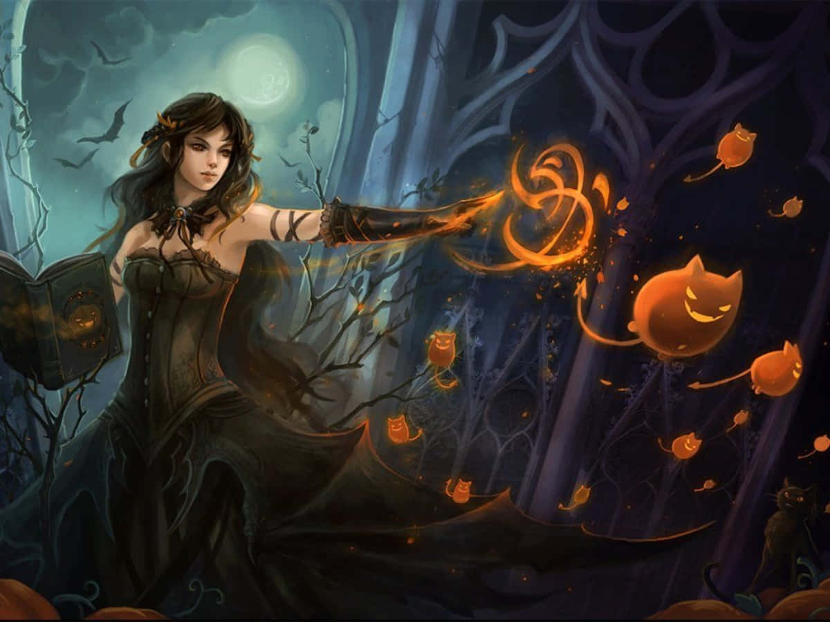 女巫在夜晚的恐怖森林中與漂浮的南瓜貓一起施展橙色魔法。