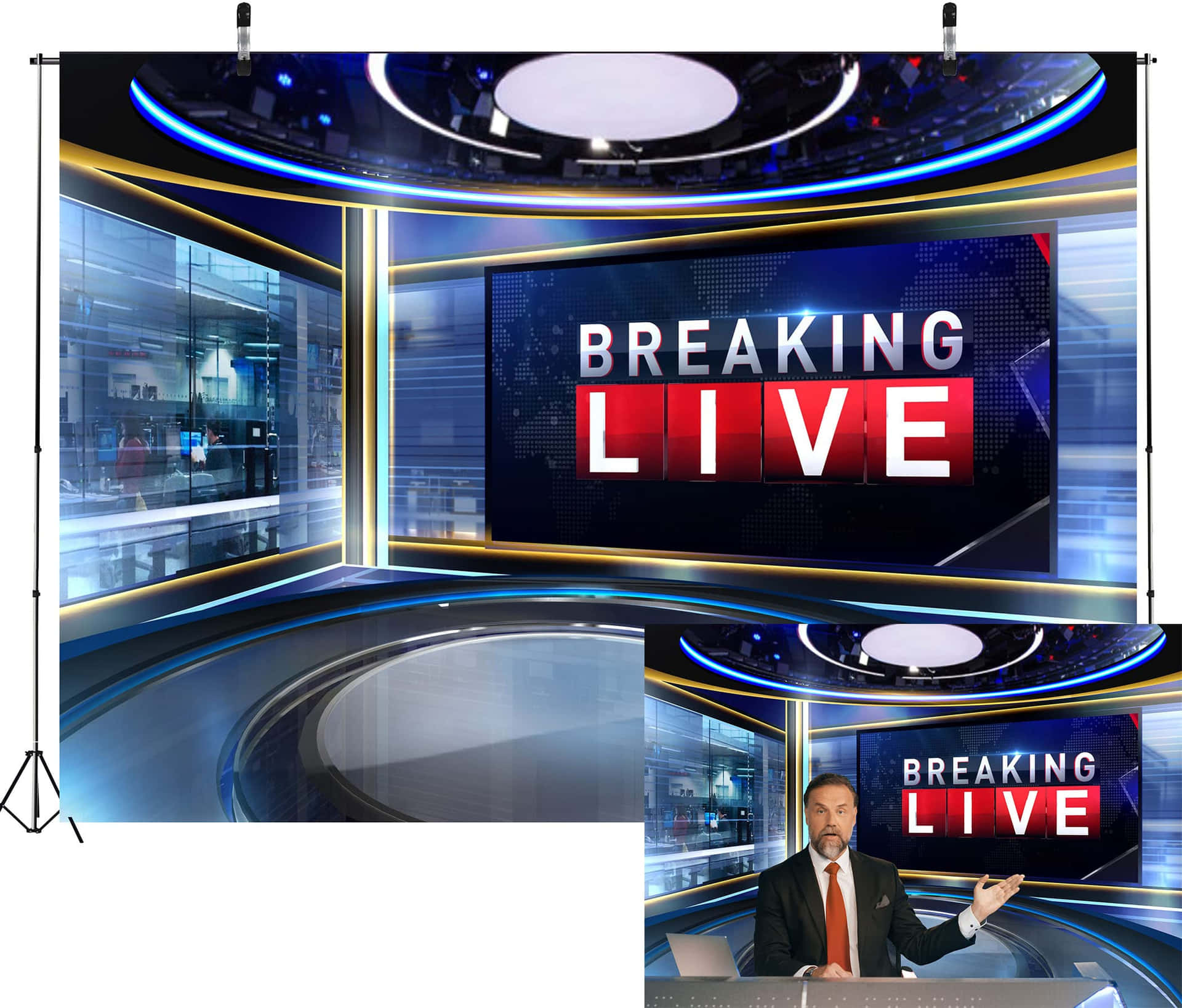 新聞主播在現代工作室中，屏幕上顯示Breaking Live圖形。