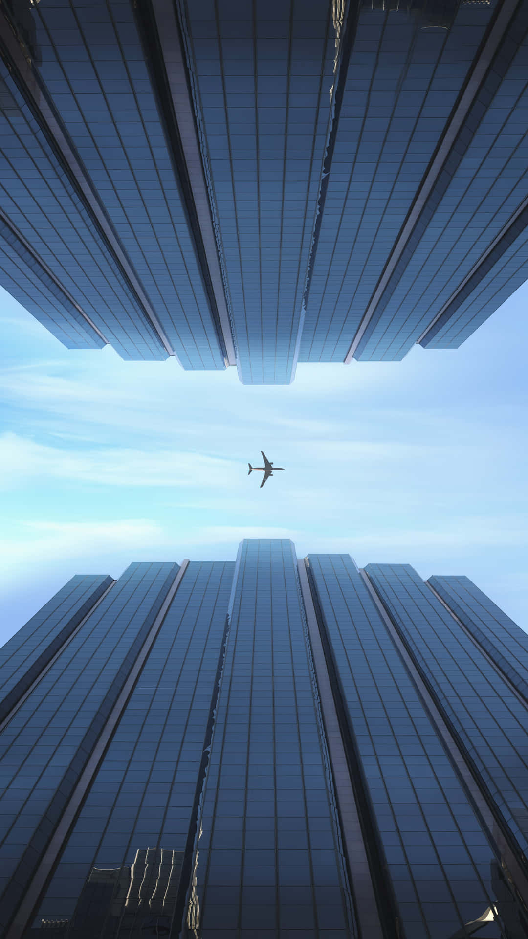 飛機在城市的高層玻璃建築之間飛行。