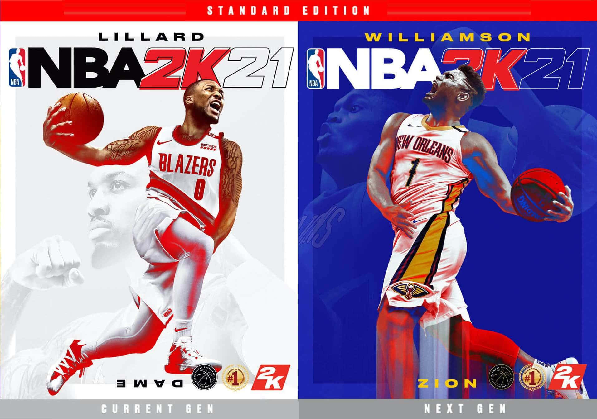 突破極限，成為最偉大的籃球選手，與 NBA 2K21 一同奮鬥 壁紙 — 兩位NBA 2K21封面運動員以動態姿勢呈現，一位身穿紅、白、黑色，另一位身穿藍、白、金色。