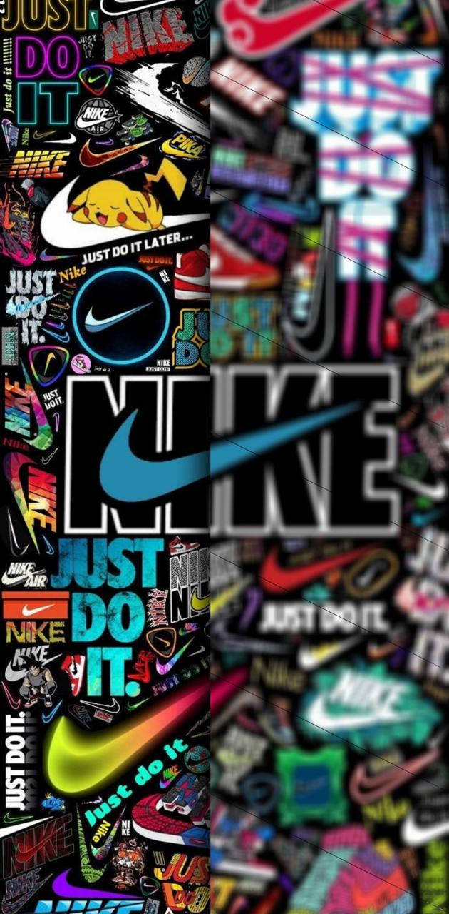 以鮮豔色彩密集拼貼Nike標誌和「Just Do It」口號的Wallpaper。