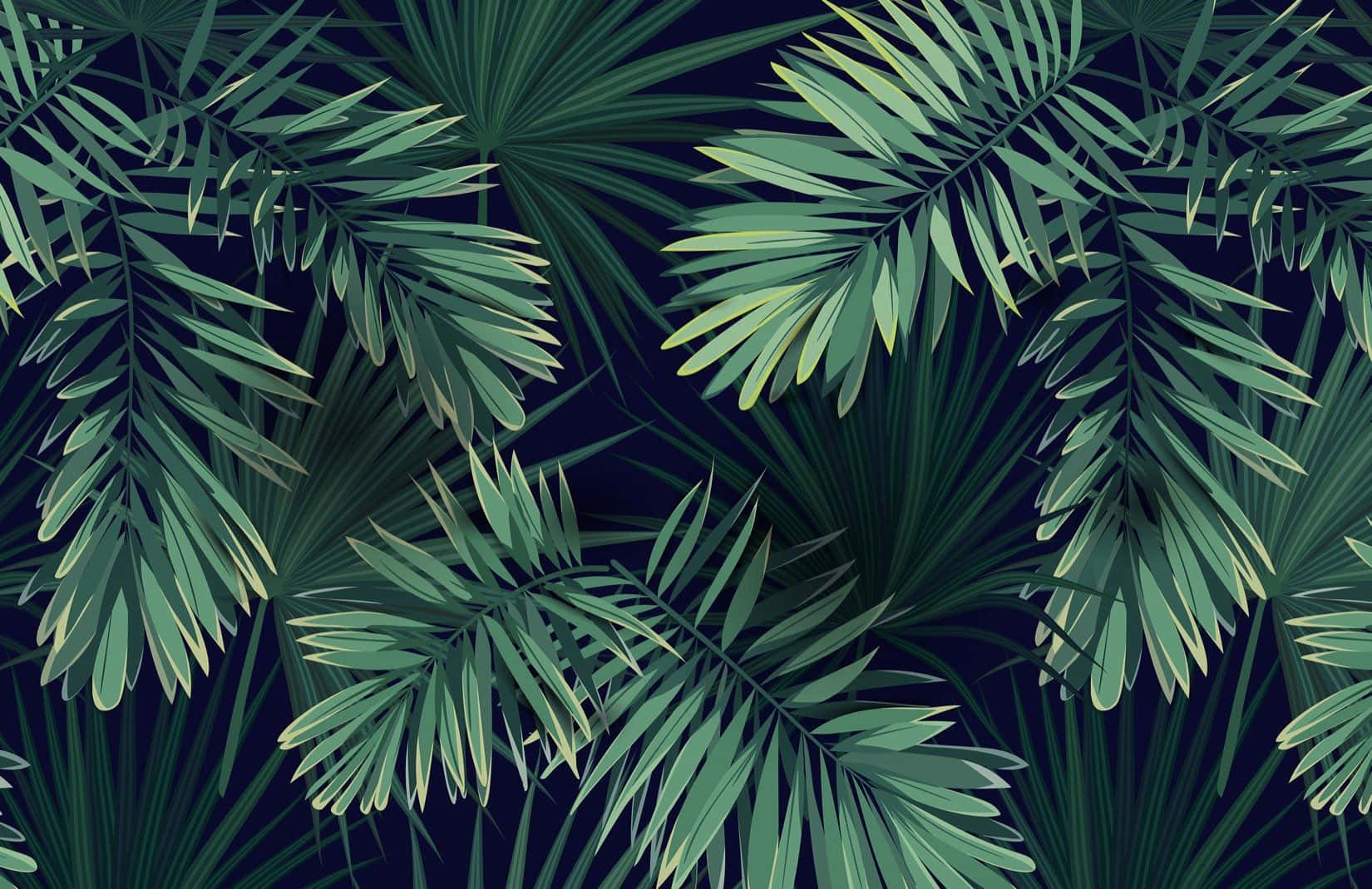 突破界限：無花盆限制 壁紙 — 鮮綠色棕櫚葉在深海軍藍背景上重疊，形成茂盛的熱帶圖案。