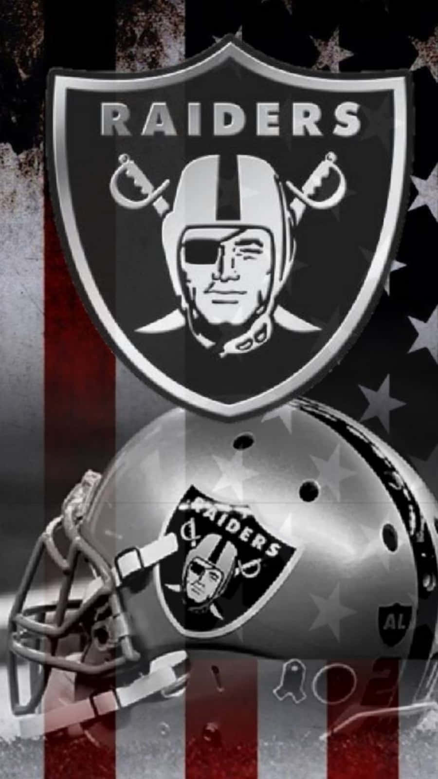 在愛國旗幟背景上的 Raiders 足球頭盔和標誌。 — 掠奪者 壁紙