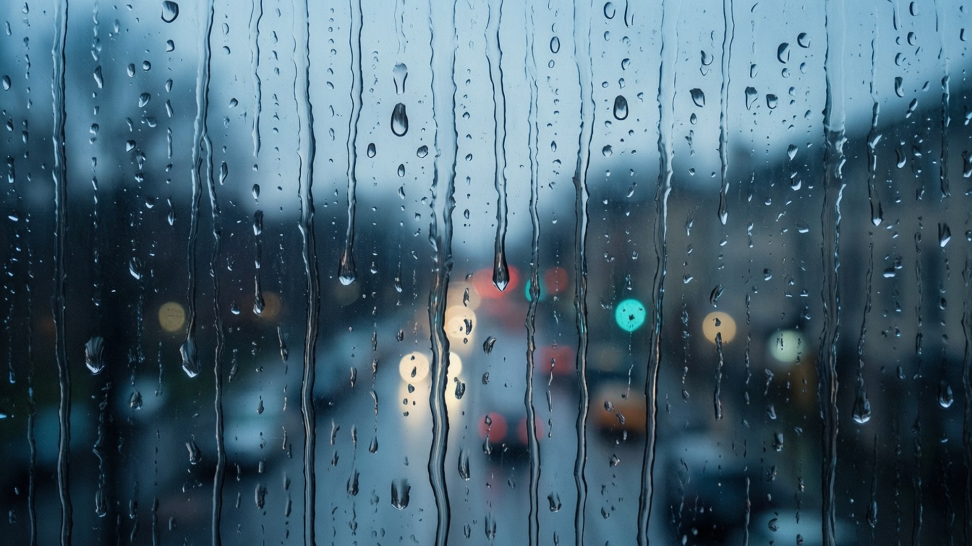 雨滴沿玻璃窗流下，將城市燈光模糊成發光球體。