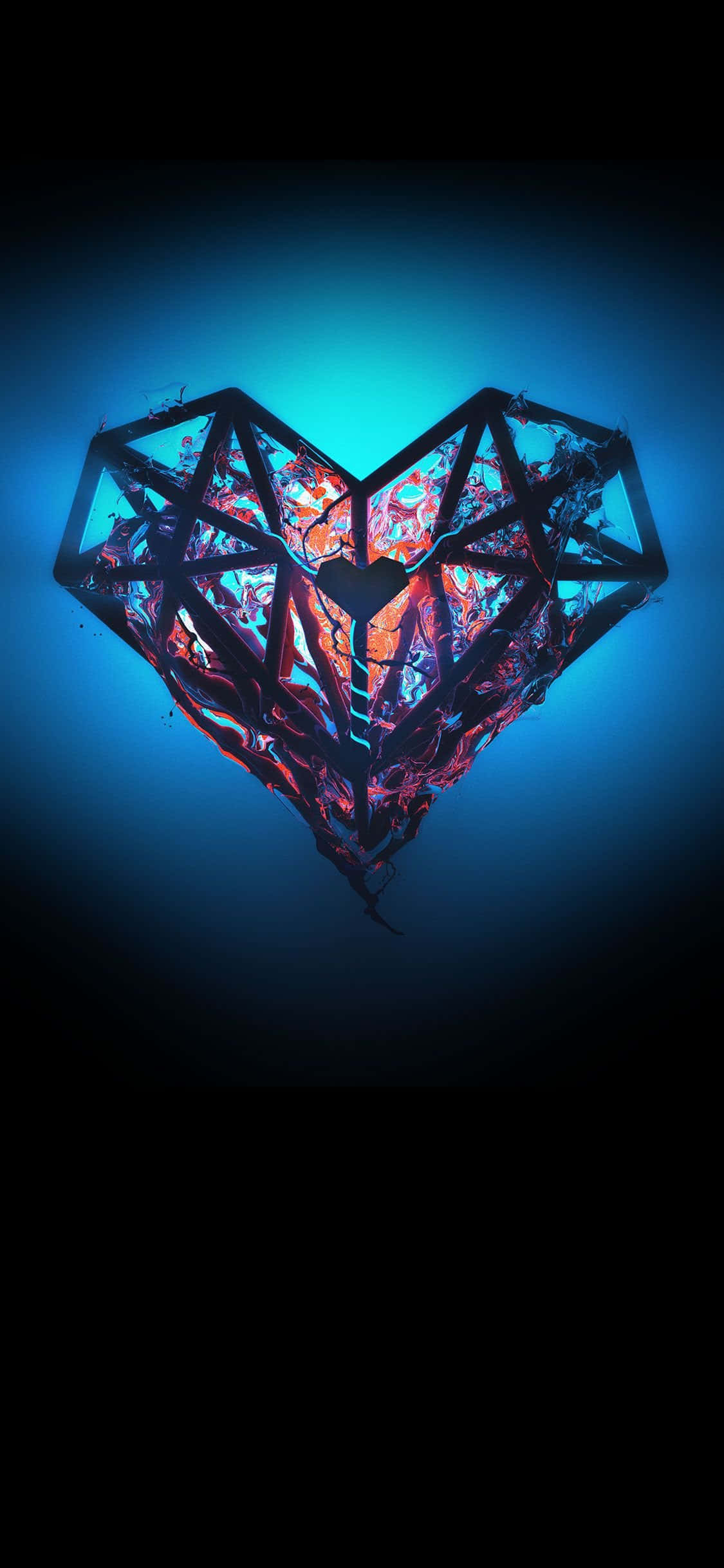 窗框心形火焰設計 iPhone 壁紙 — 一個發光的幾何心形，帶有火紅和藍色的分形圖案，在深藍色漸變背景上散發光芒。