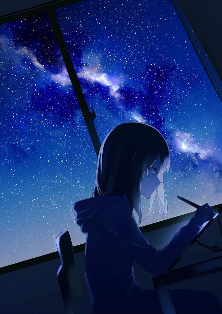 動漫女孩在夜晚星空下繪畫，透過窗戶可見銀河。