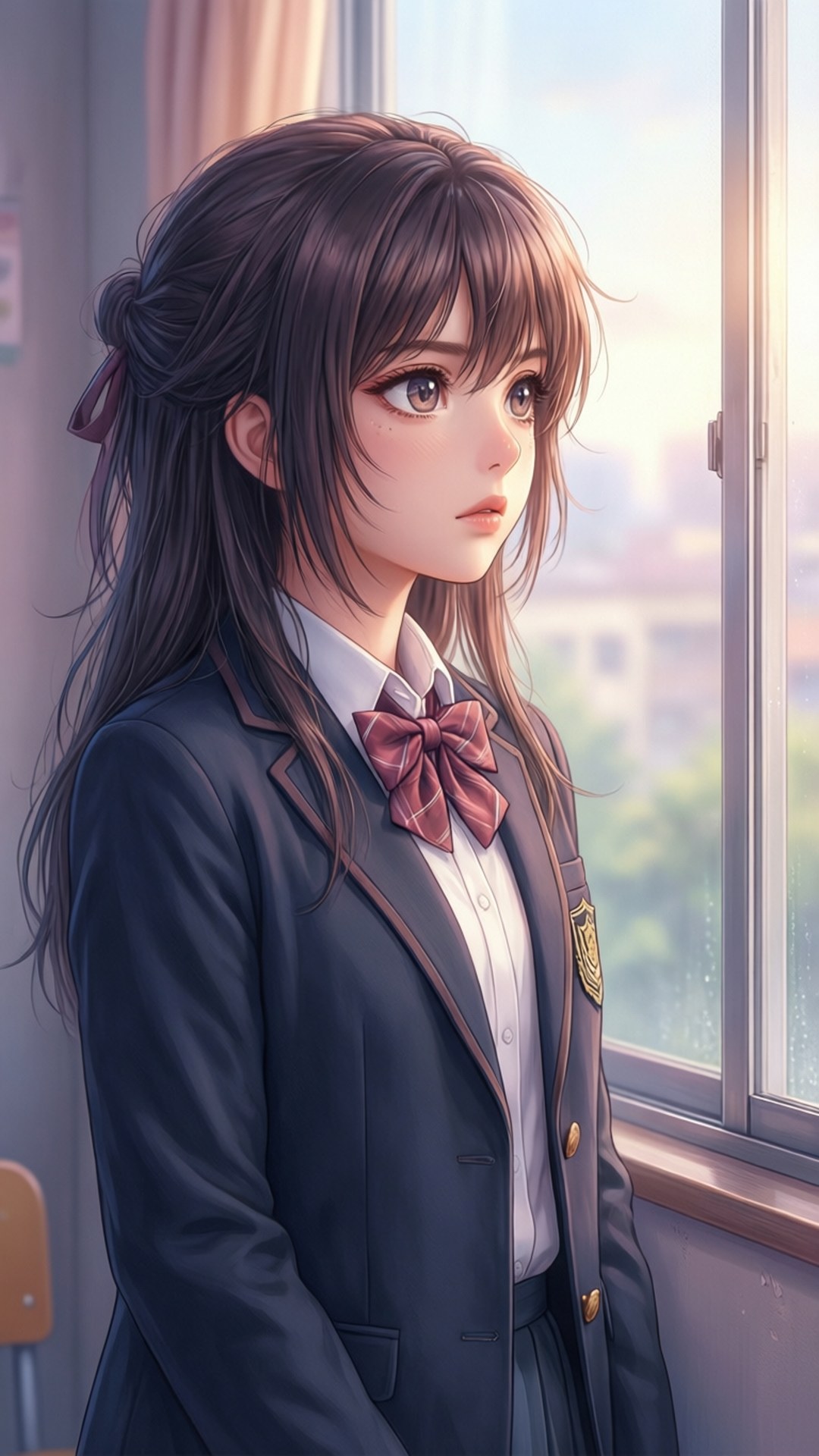 窗邊沉思的Ichika 壁紙 — 一個穿著深藍色校服、繫著栗色蝴蝶結的年輕動漫女孩站在窗邊，柔和陽光照亮她的臉龐，她凝視著窗外。