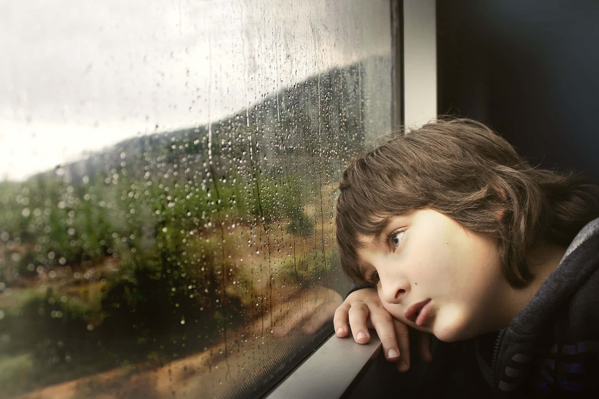 一個孩子從下雨的火車窗戶望向綠色風景。