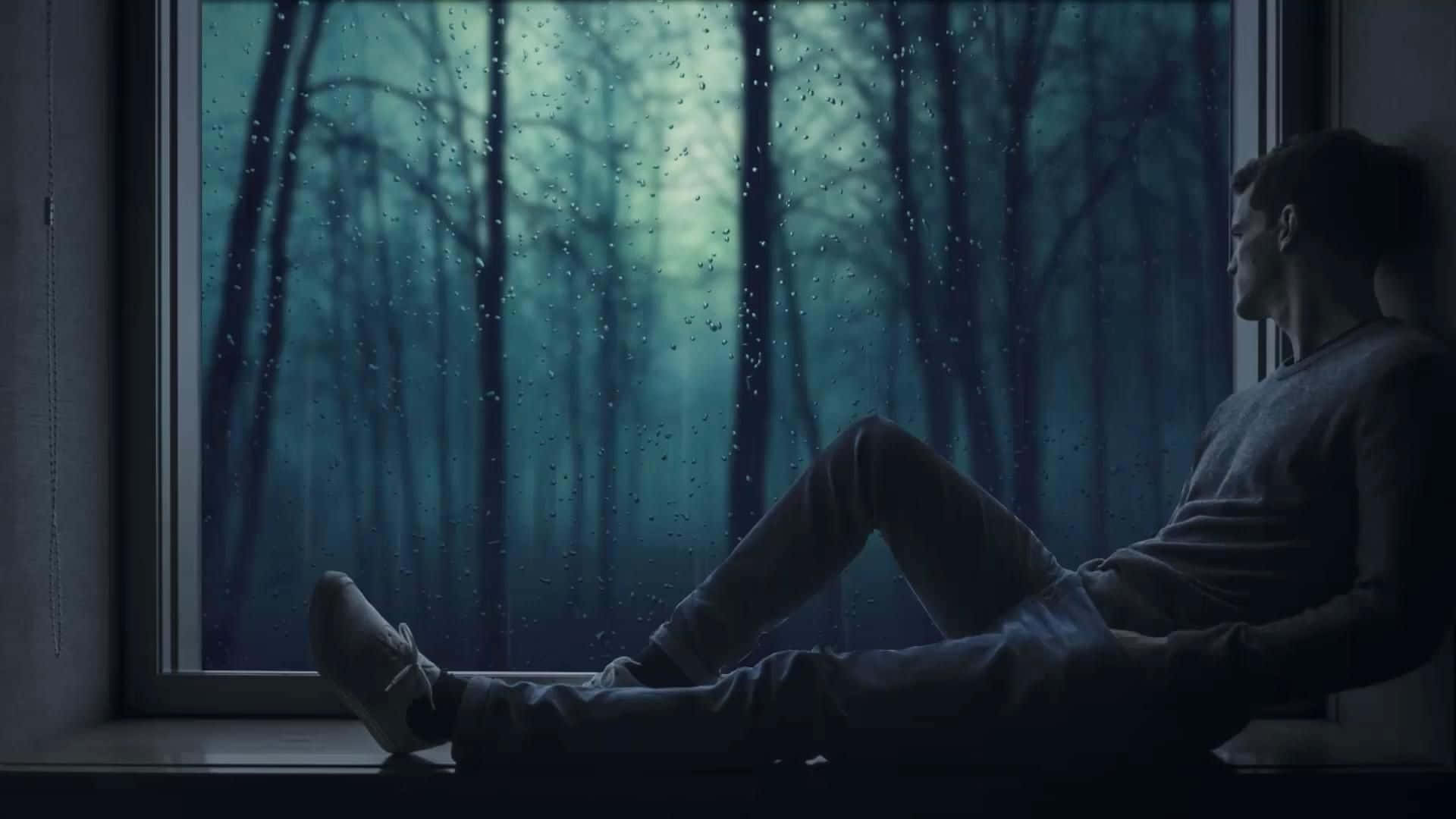 男人坐在窗台上看著夜晚的雨林