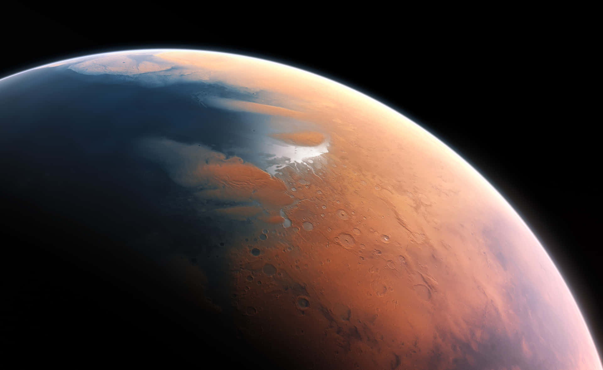 火星行星，橙色表面和極地冰蓋，背景為黑色太空。