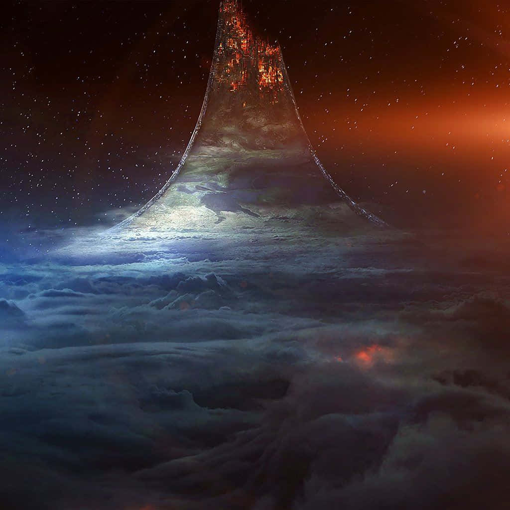 一座發光的宇宙山脈在繁星點點的夜空中升起，高於旋轉的雲層。