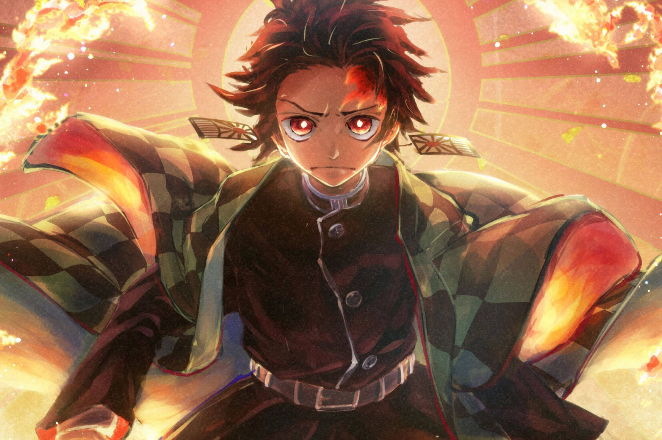 竈門炭治郎 PFP 燃燒太陽 壁紙 — 一位決心堅定的動漫戰士，擁有火紅的眼睛和格子羽織，站在爆炸性的火焰和耀眼的光芒中。