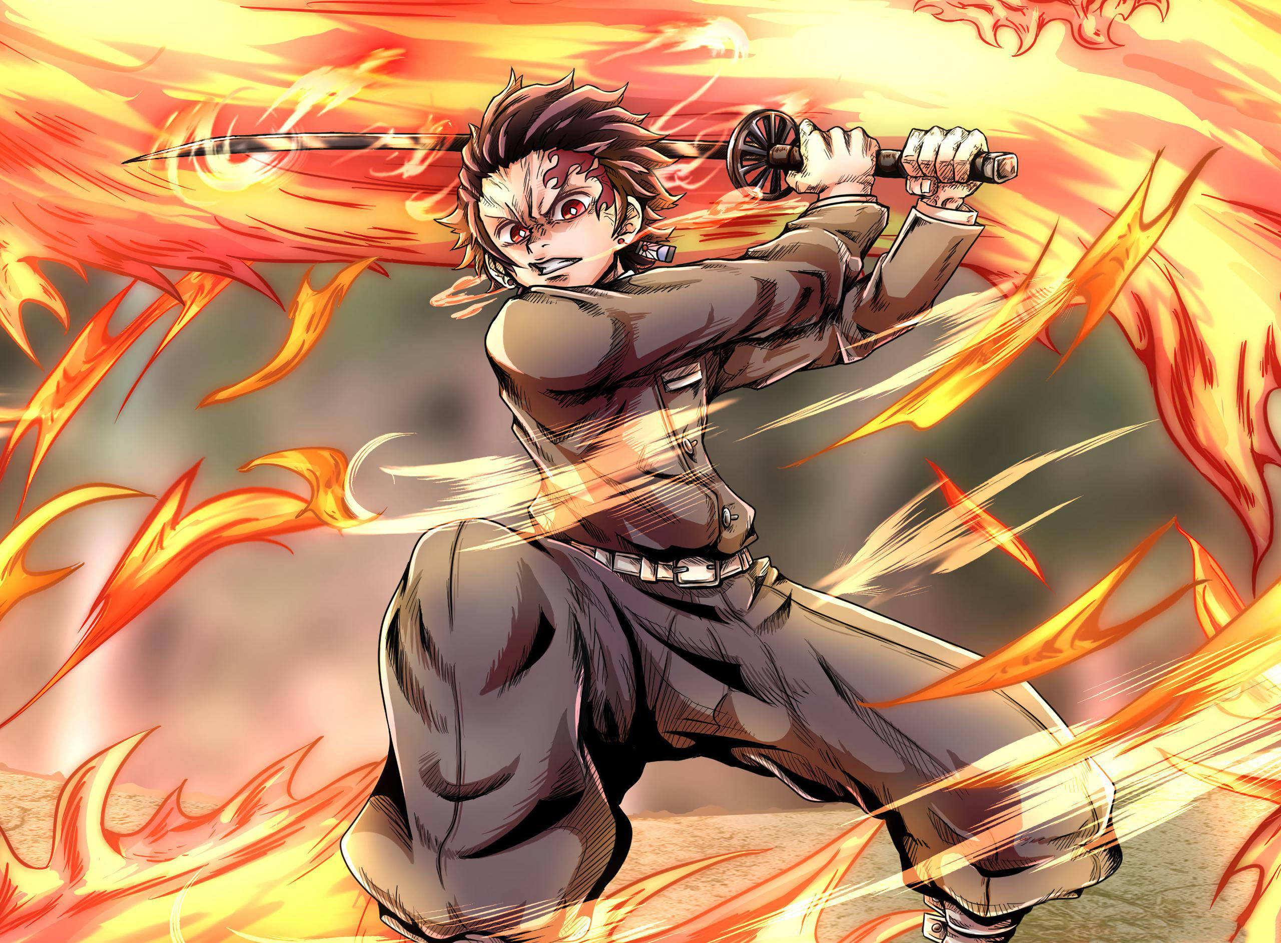 竈門炭治郎 PFP 神火殺驅 壁紙 — 一個火熱的動漫戰士以強烈的專注和動態動作劈開熾熱的橙色火焰。
