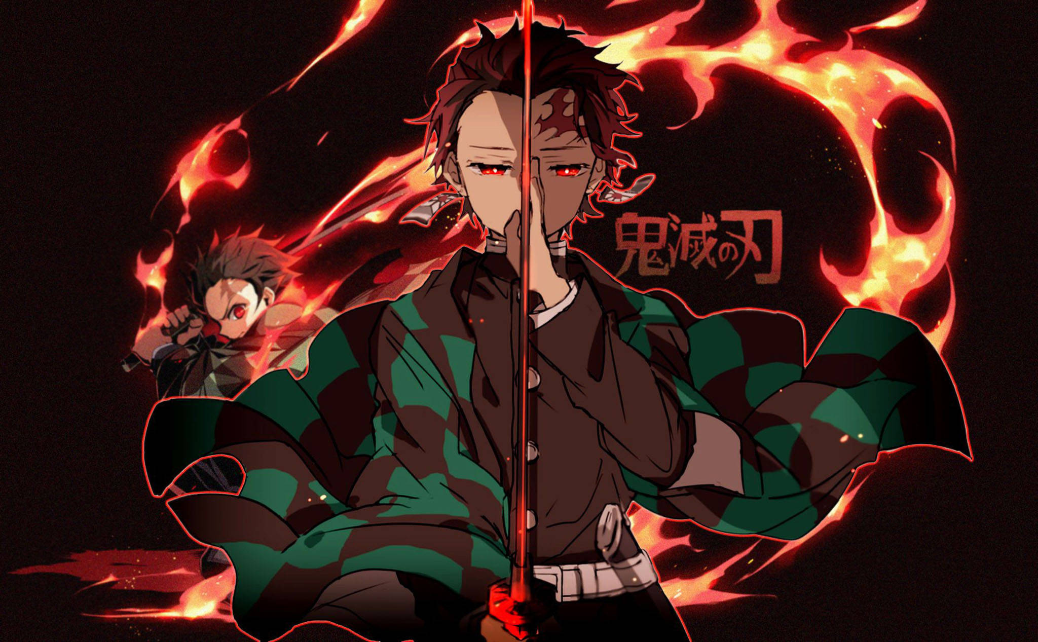 竈門炭治郎火焰藝術PFP 壁紙 — 一個火熱的動漫戰士穿著綠色和黑色格子紋和服，在黑暗背景中手持發光劍，周圍有火焰和一個較小的自己。