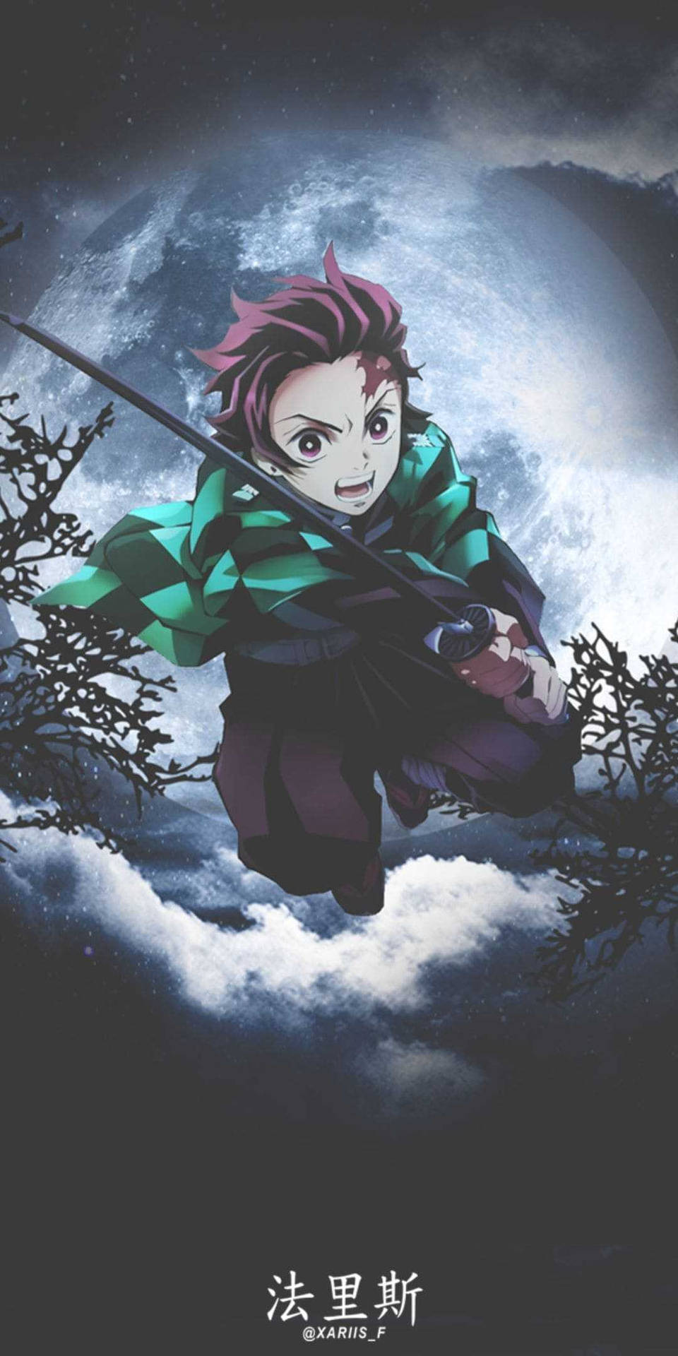 動漫戰士，粉紅色頭髮和綠色斗篷，在滿月下跳躍穿過雲層。