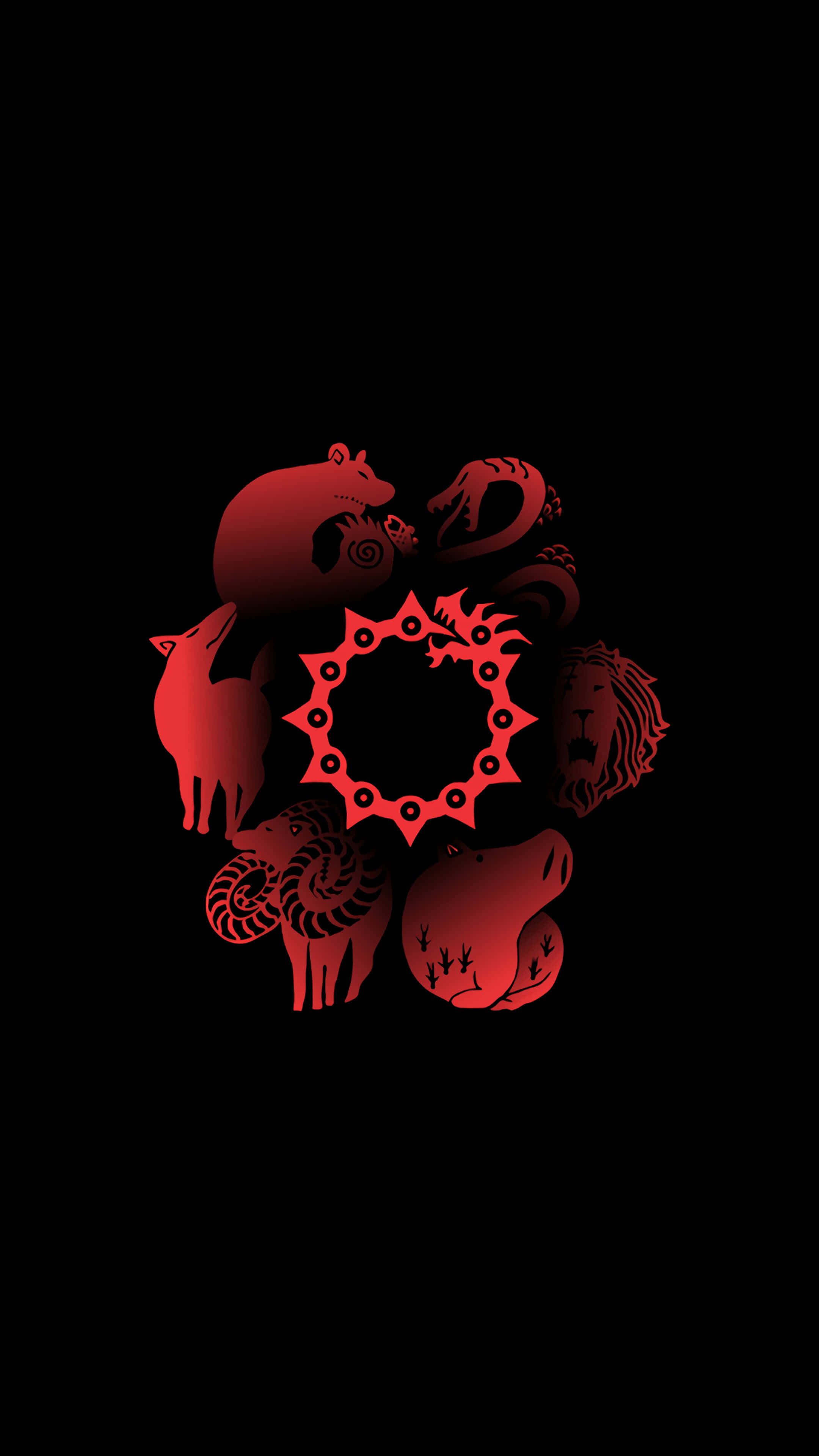 立即下載《七宗罪》iPhone壁紙 壁紙 — 紅色風格化的生肖動物圍繞著一個帶刺的環，背景為黑色。