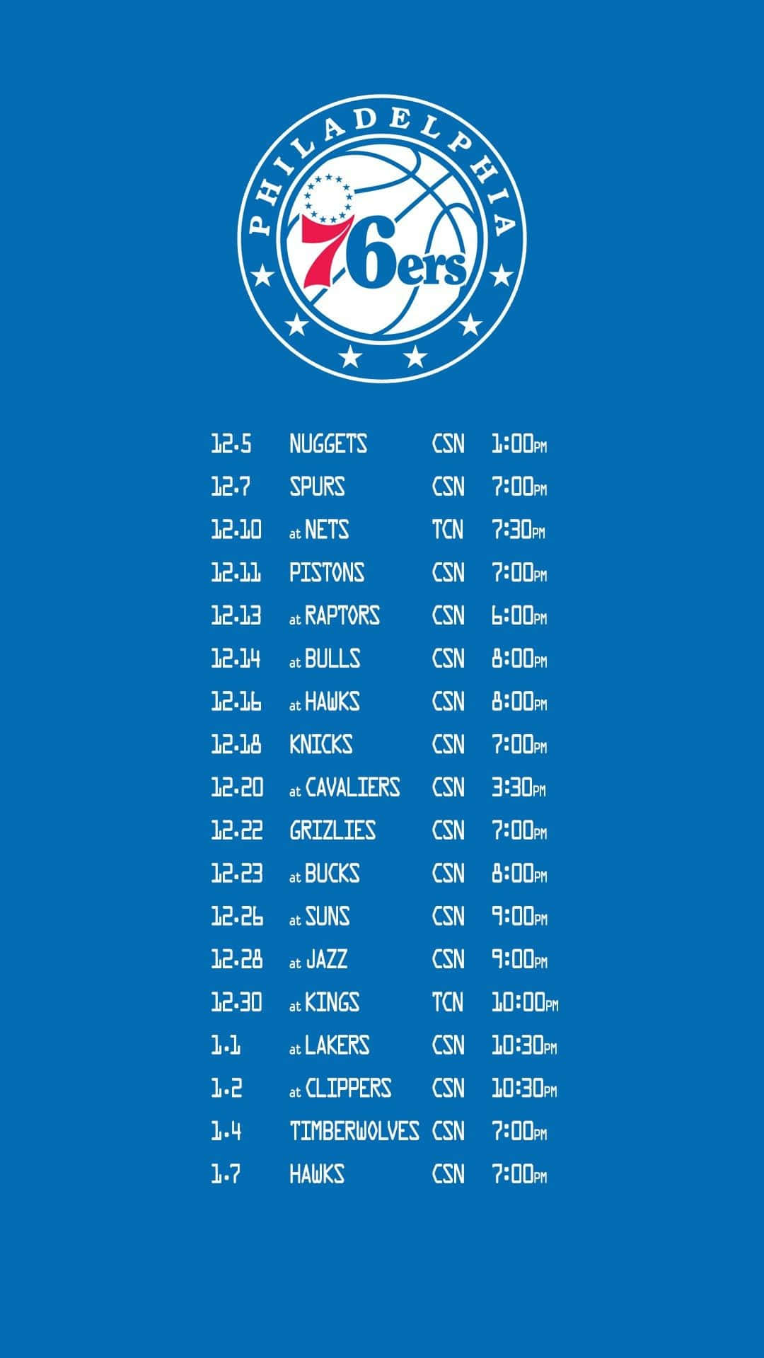 費城76人NBA即將到來的比賽賽程表，白色文字，藍色背景。