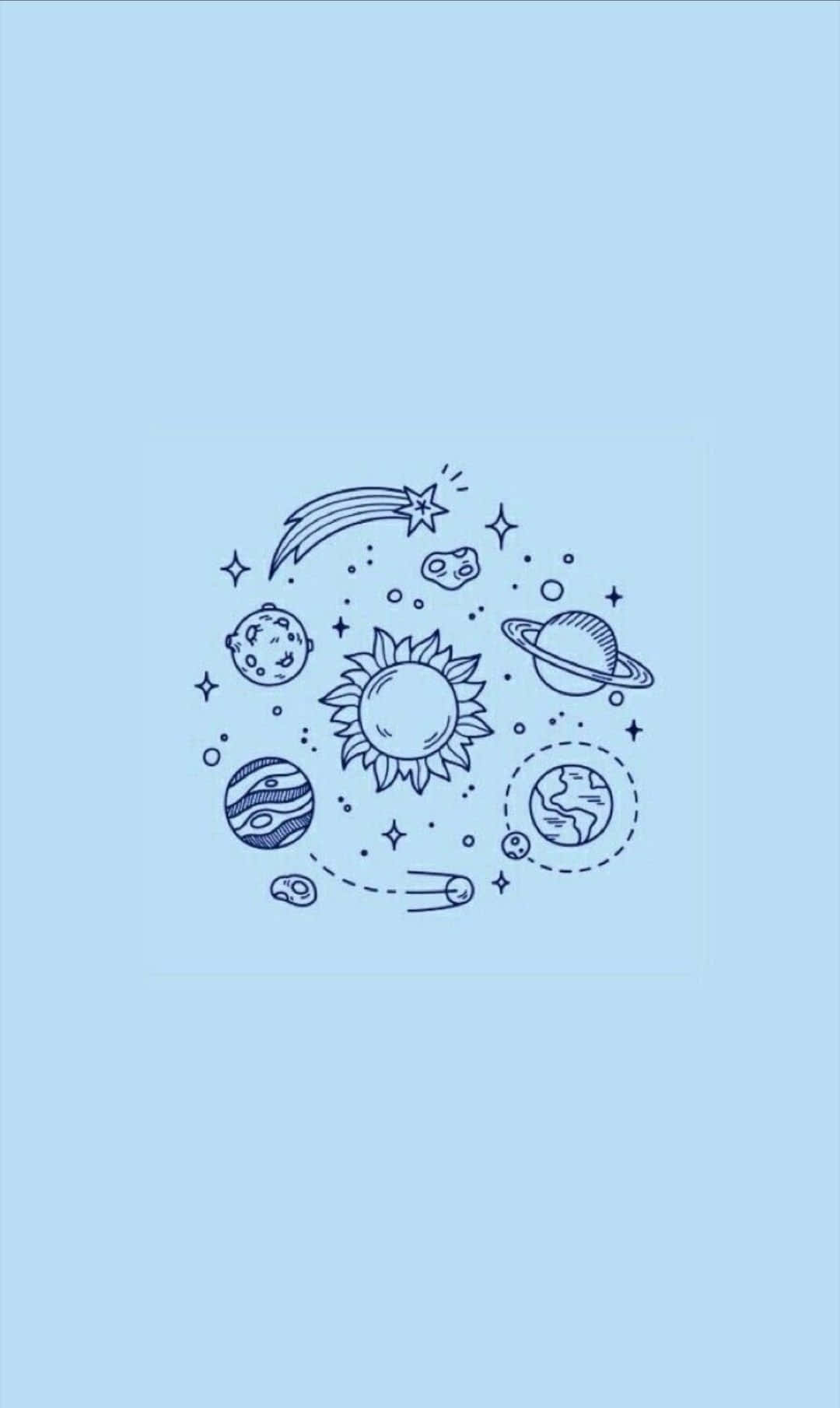 包括太陽、行星和彗星在內的天體，以極簡線條藝術呈現於藍色背景。