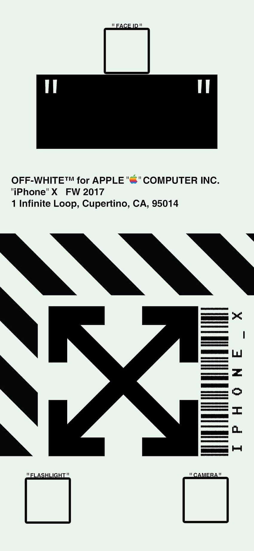黑白極簡圖形，包含箭頭、條碼和iPhone X文字，背景為灰色。