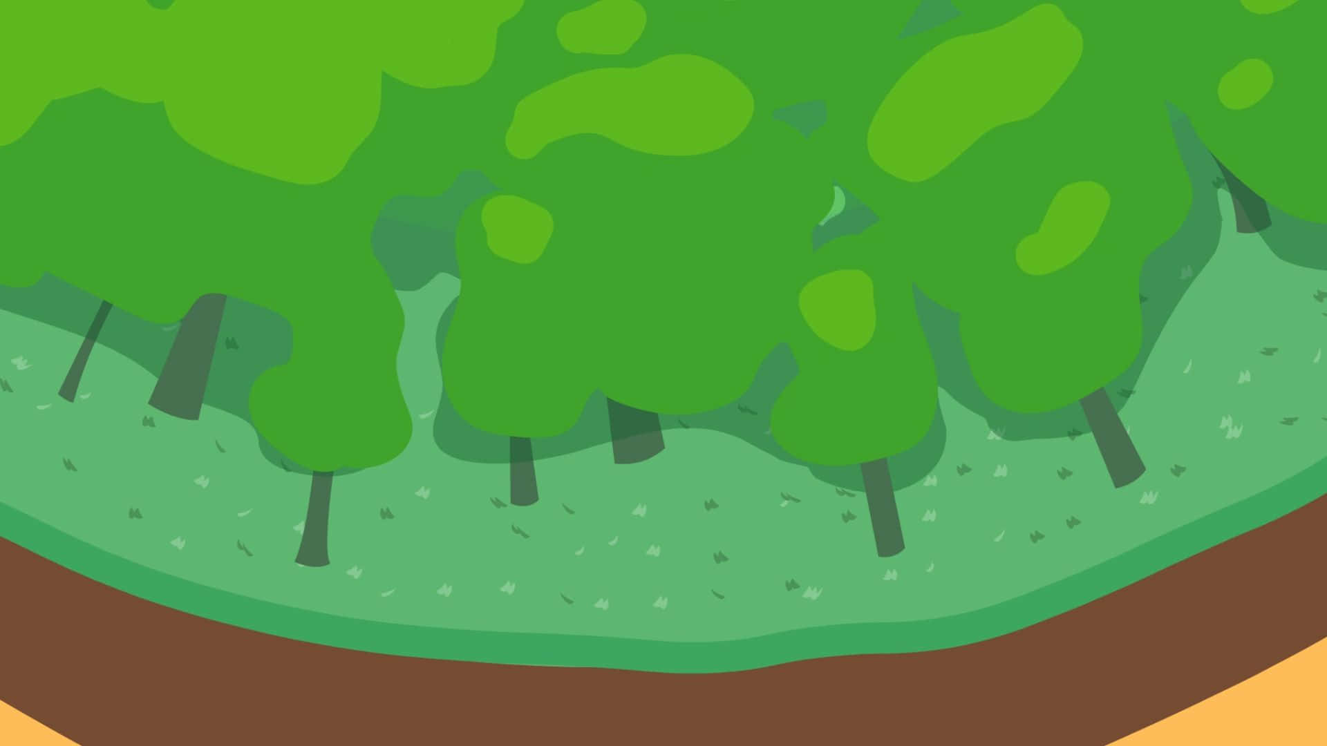 插圖風格的森林場景，有綠色樹木和草地。