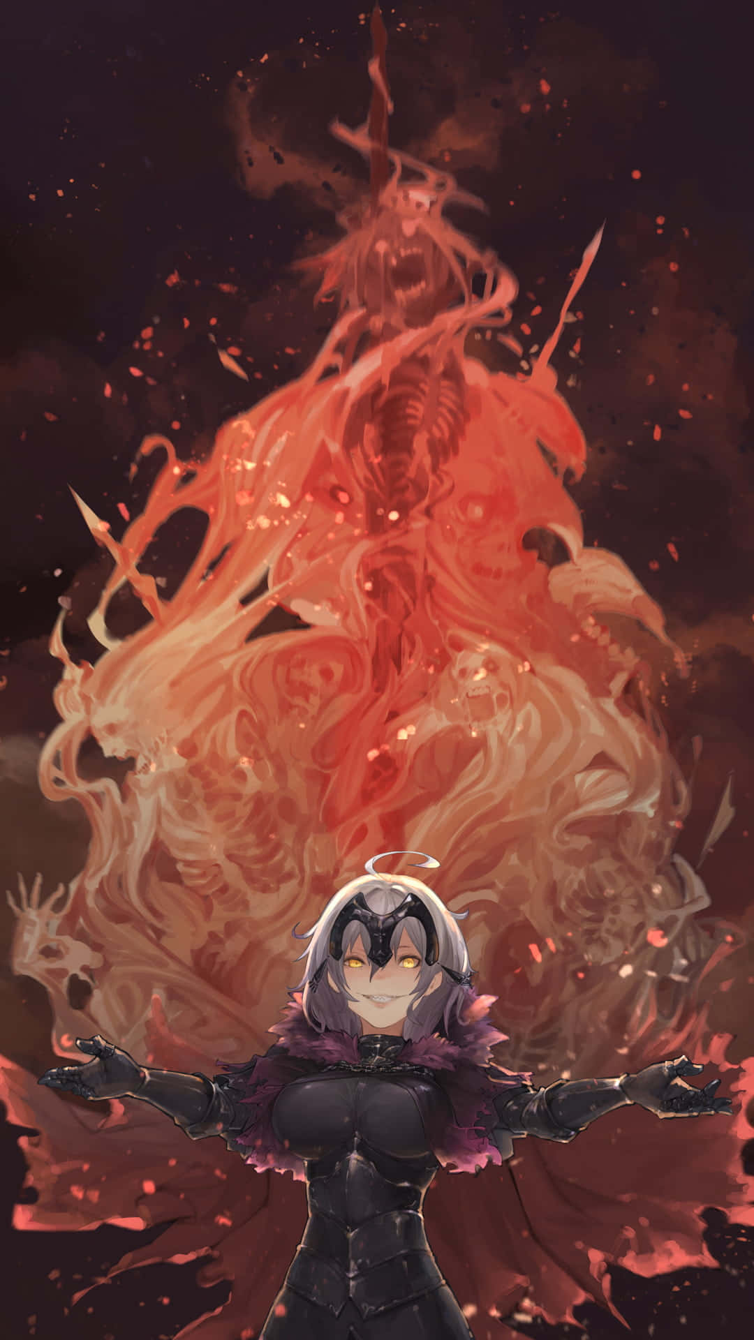 立即加入《Fate Grand Order》 壁紙 — 一位銀髮動漫少女身穿黑色盔甲，站在一個高聳的火焰惡魔實體面前，該實體擁有發光的眼睛和尖銳的紅色火焰。