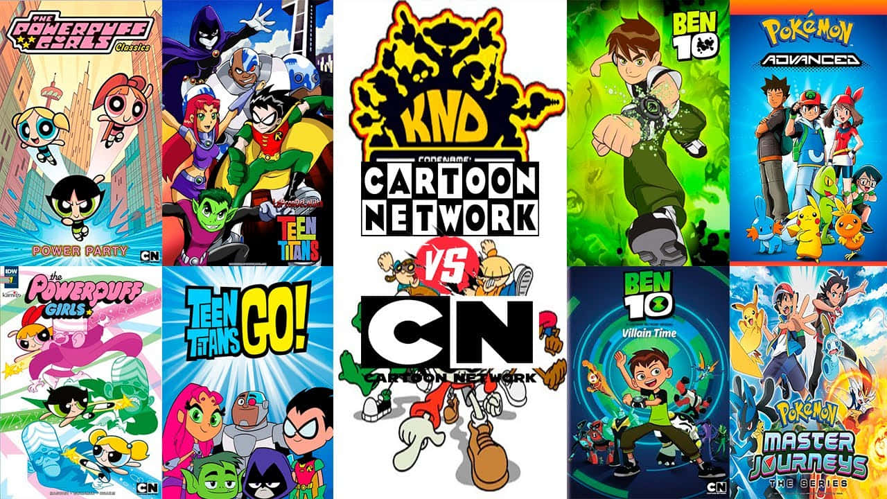 卡通網絡節目海報， featuring 飛天小女警、少年泰坦、Ben 10 和寶可夢角色。