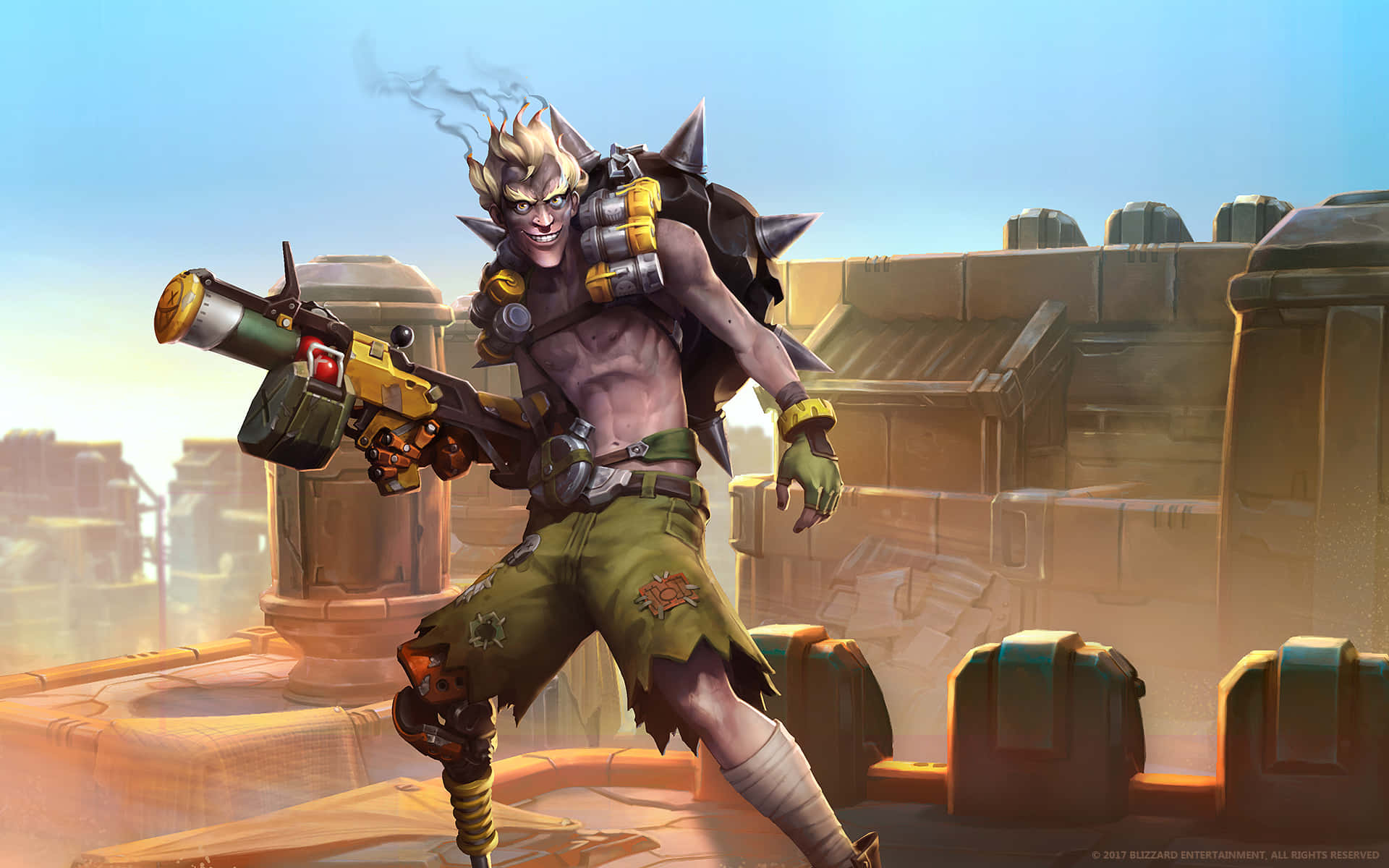 一個肌肉發達的科幻戰士手持冒煙的武器站在屋頂上。