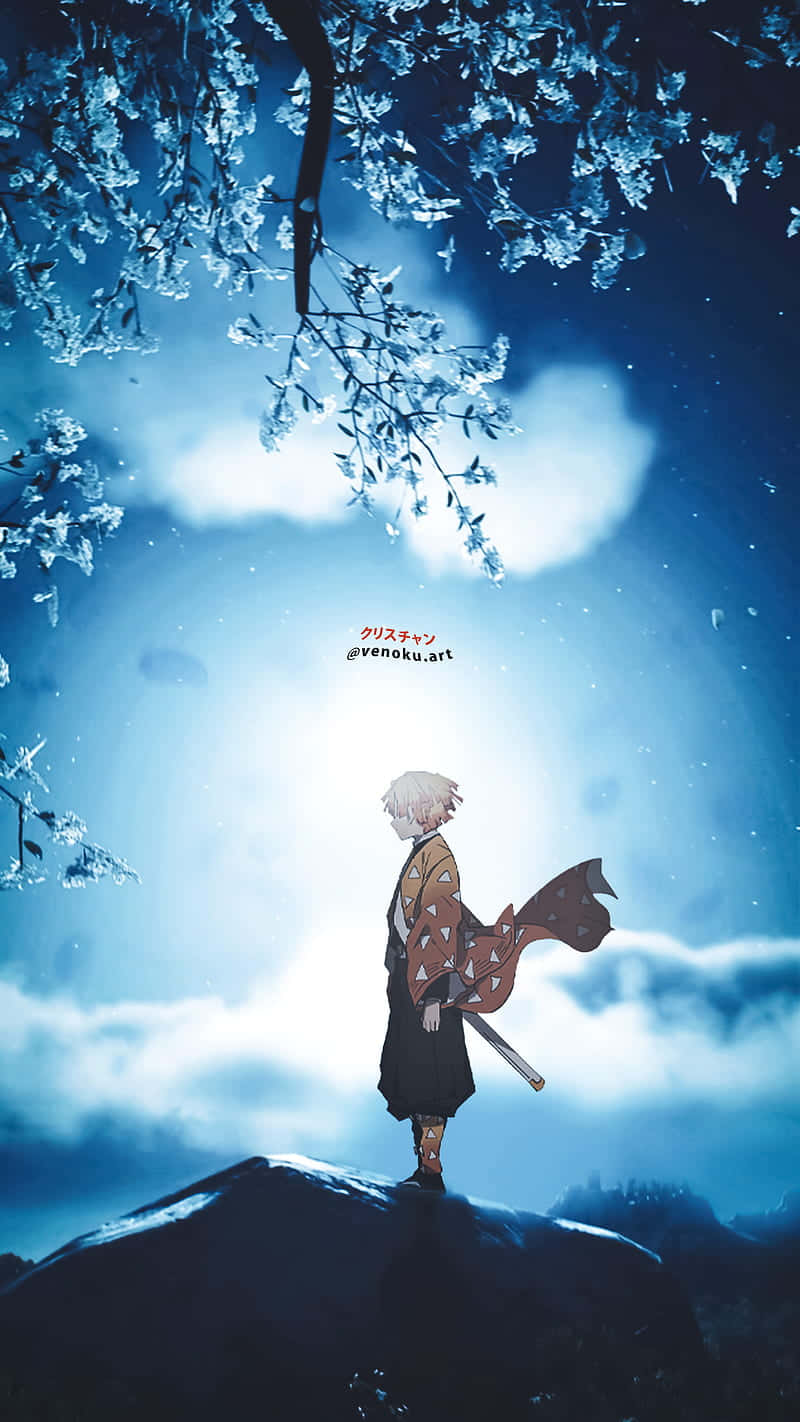 動漫男孩穿著和服持劍，站在雪山上，夜晚櫻花下。