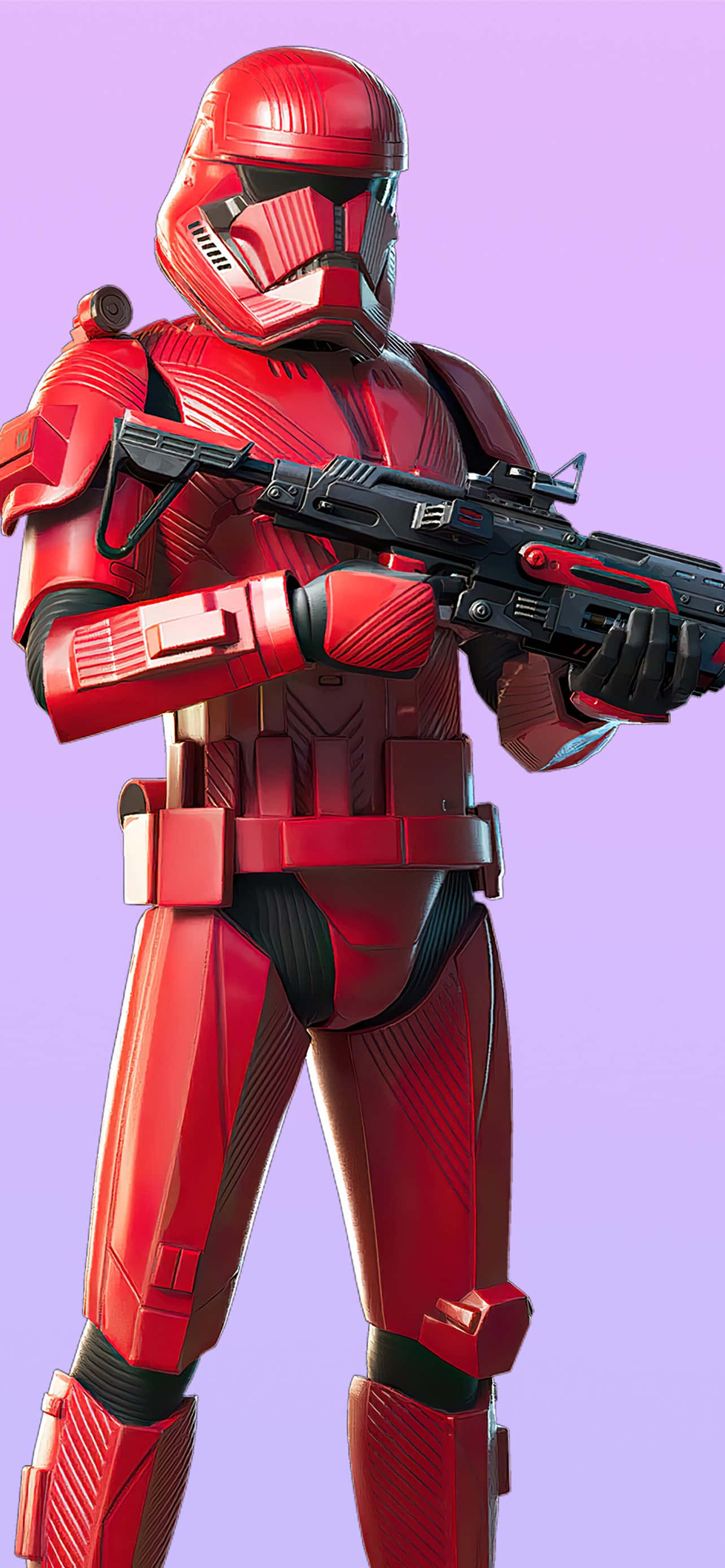 立即取得超稀有Ruby Fortnite皮膚 壁紙 — 一名紅色裝甲風暴兵身穿全套裝備，手持爆能槍，站在柔和的紫色背景前。