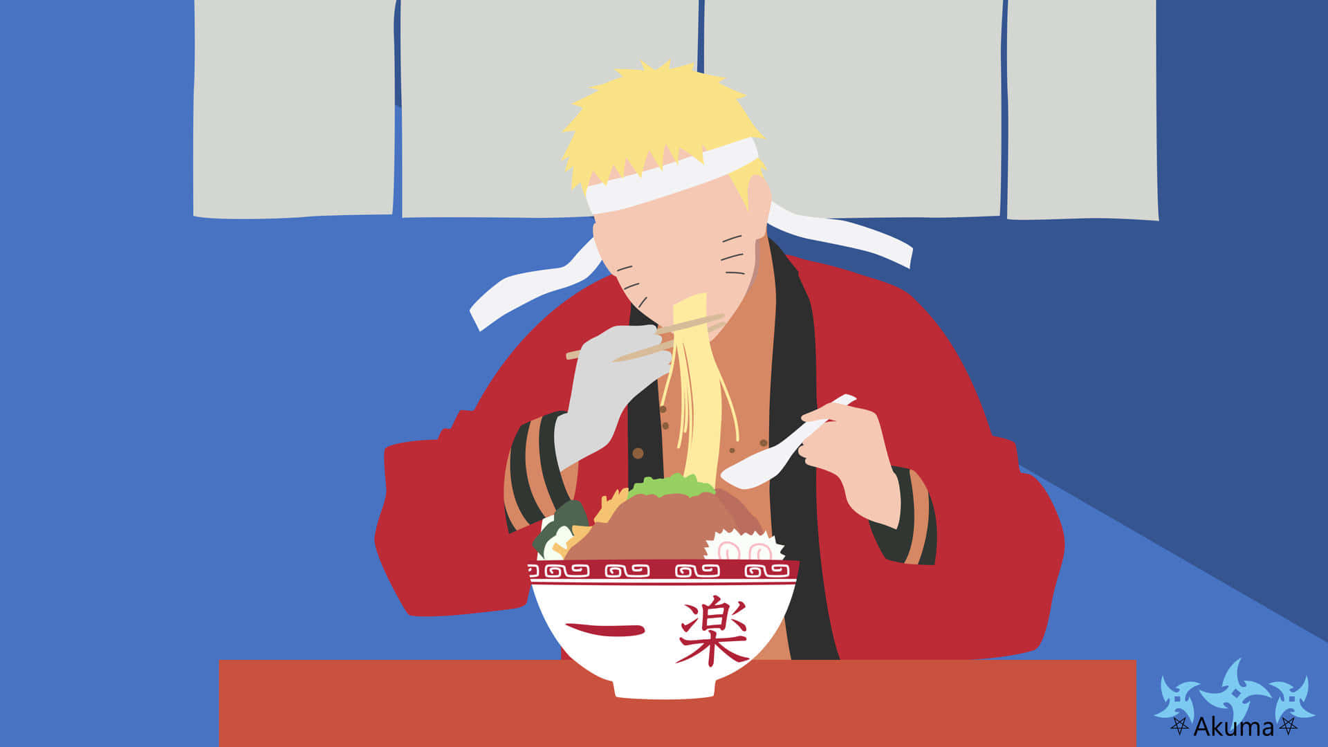 立即品嚐招牌鳴人拉麵！ 壁紙 — 動畫角色鳴人用筷子同匙羹食拉麵嘅風格化插圖。