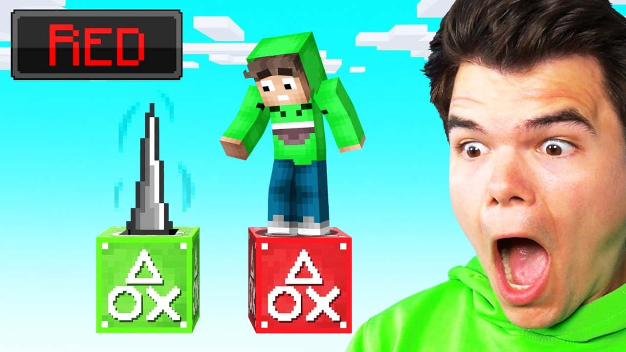 穿綠色連帽衫的男子對PlayStation方塊上的Minecraft角色感到震驚。