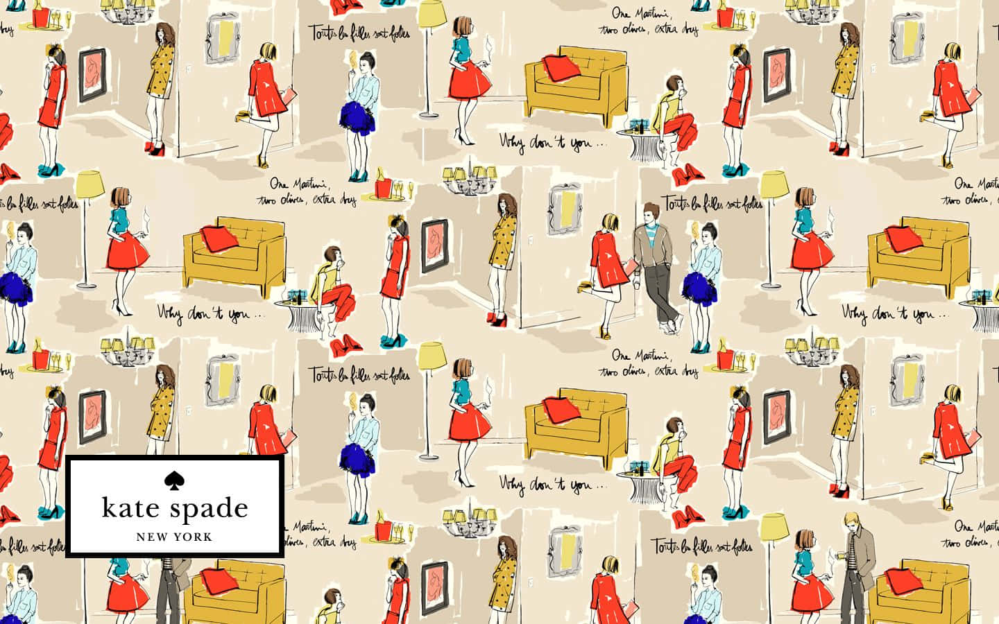 立即提升你的風格，選擇Kate Spade系列 壁紙 — 重複的插圖場景，描繪穿著紅色連衣裙的時尚女性在配有黃色沙發和裱框藝術品的別緻客廳中互動。