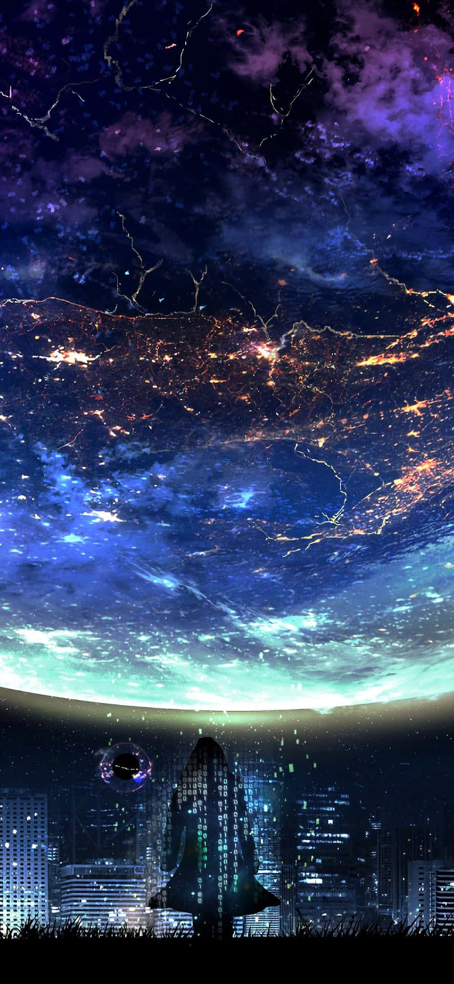 在充滿閃爍星星和星雲的鮮豔宇宙夜空下的未來城市天際線。