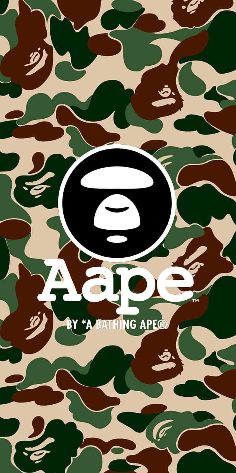 立即擁有 BAPE iPhone 6 壁紙 — 一款迷彩牆紙，重複的猿臉圖案，中央有一個黑色圓形標誌，白色文字寫著「Aape by *A Bathing Ape」。