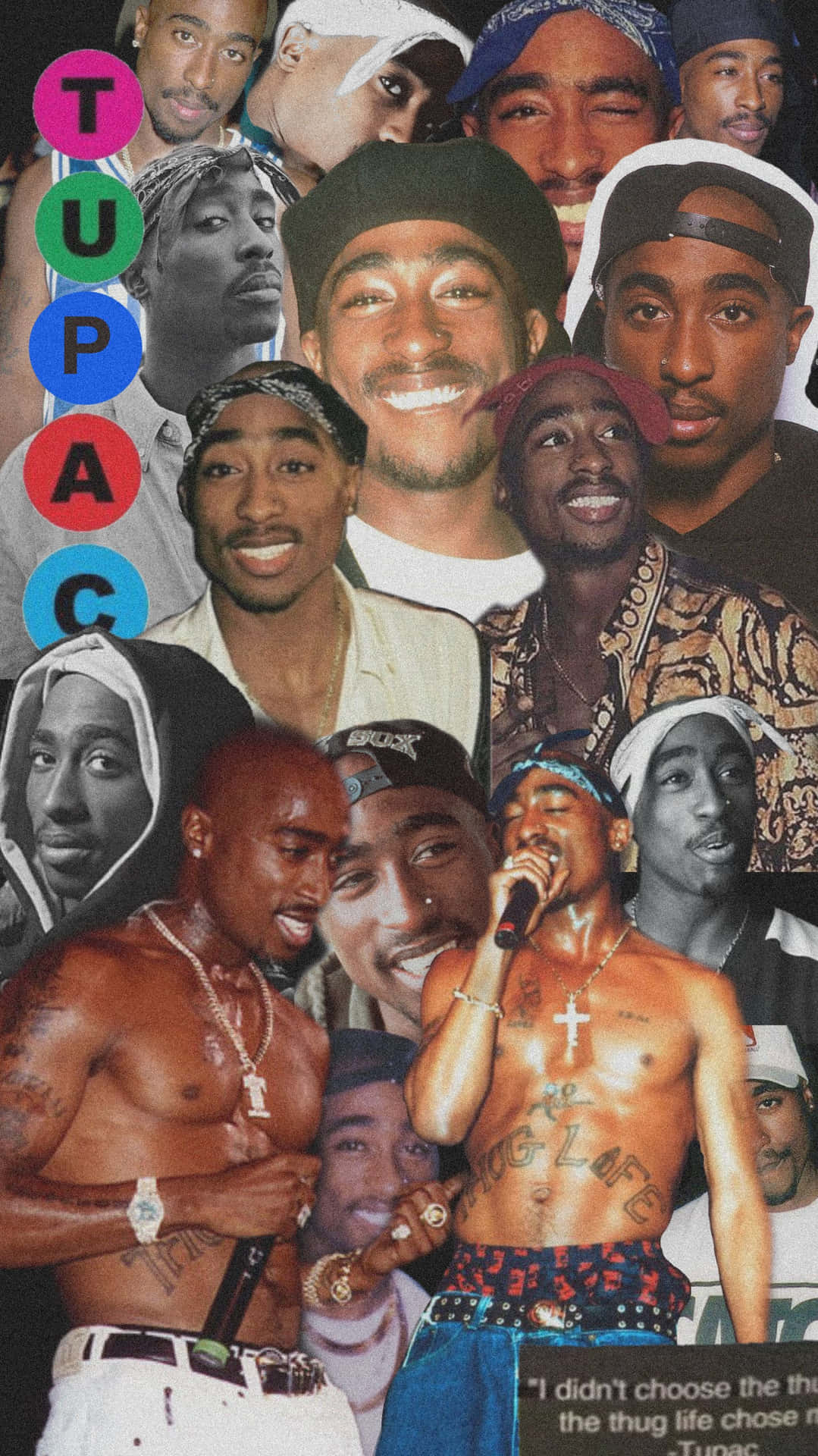 Tupac Shakur的多種姿勢和服裝拼貼畫，他的名字在彩色圓圈中。