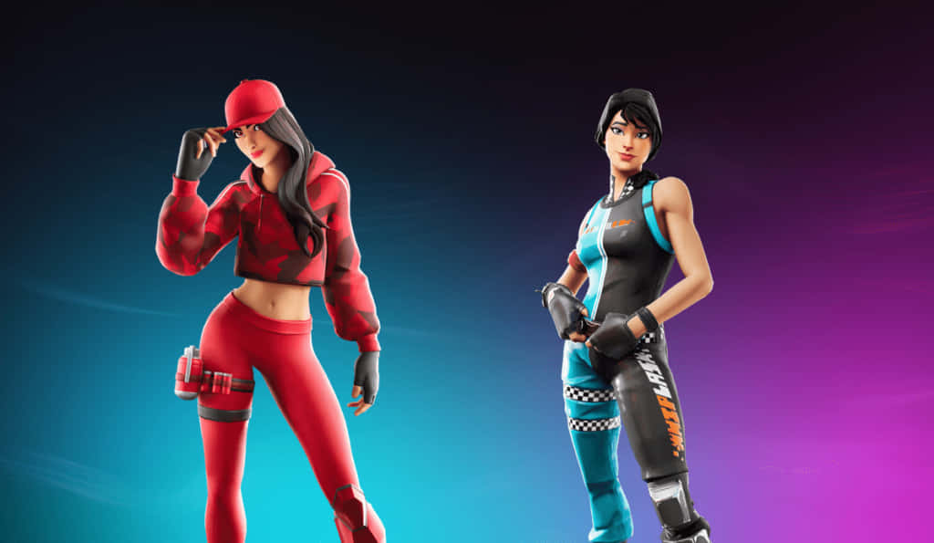 立即擁有Ruby Fortnite皮膚，讓你在人群中脫穎而出！ 壁紙 — 兩個 Fortnite 角色在藍色和紫色的鮮豔漸變背景前自信地擺姿勢。