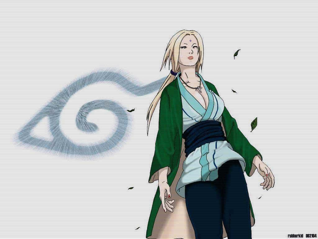 身穿綠袍的金髮動漫女孩，背後有藍色漩渦符號。