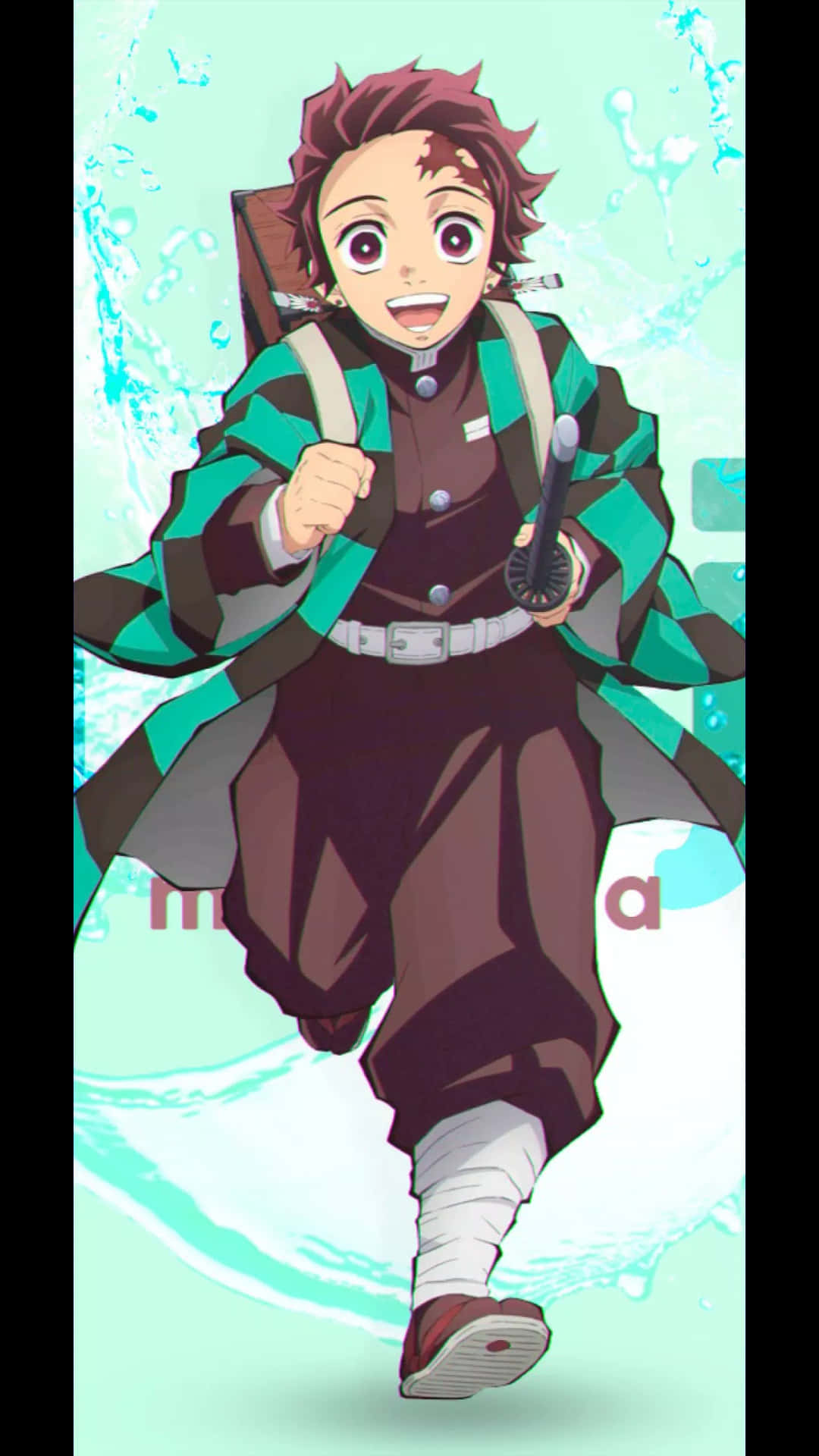 穿著綠色和棕色服裝的動漫男孩，手持劍奔跑，周圍有水花飛濺。