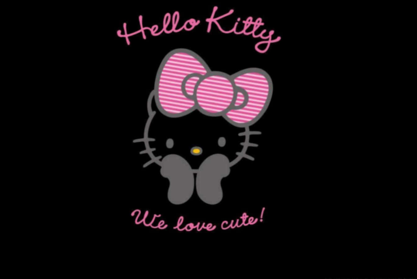 Hello Kitty 標誌，帶有粉紅色蝴蝶結和文字，上面寫著我們喜歡可愛。
