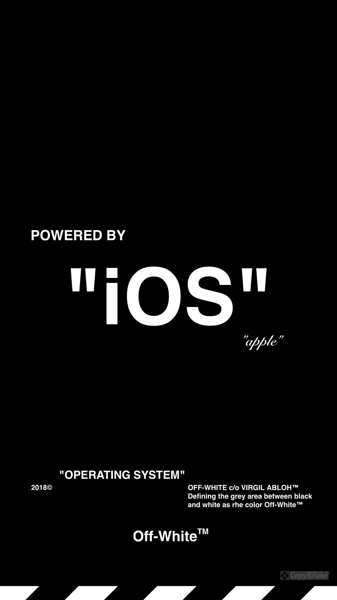黑色背景，白色文字寫著 iOS 由 Off-White 和 Apple 驅動。