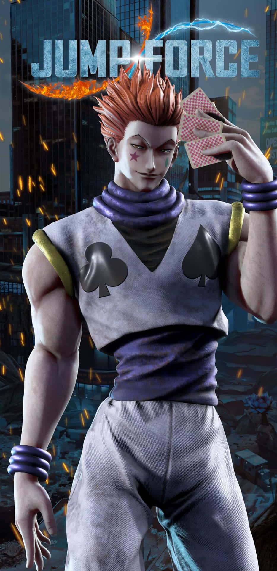 動漫角色在帶有 'Jump Force' 標誌的火熱城市景觀中手持紙牌。