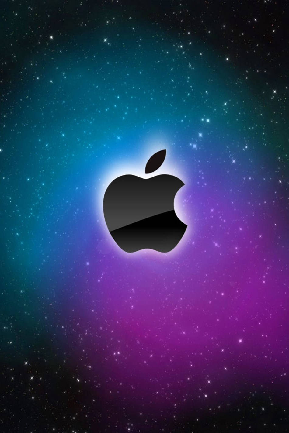黑色Apple標誌在色彩繽紛的星空背景中發光。