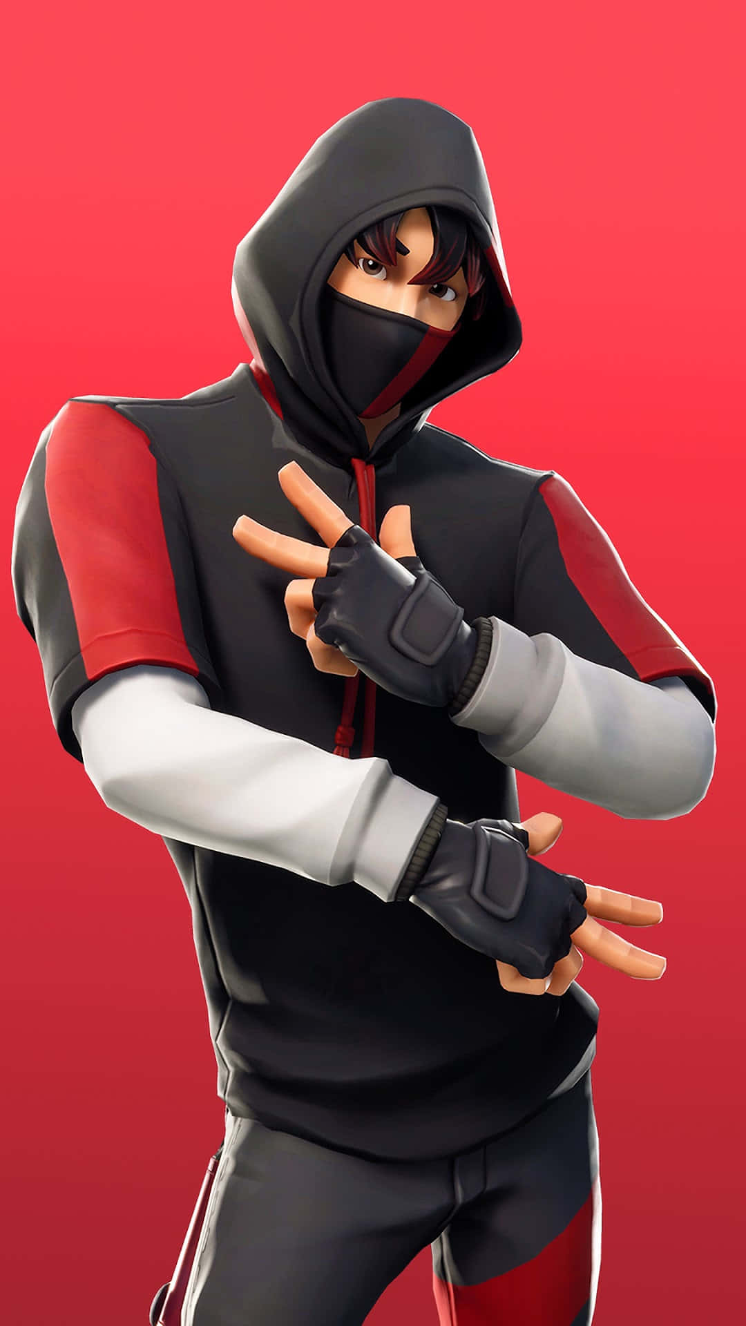 Fortnite角色穿連帽衫在紅色背景前比和平手勢