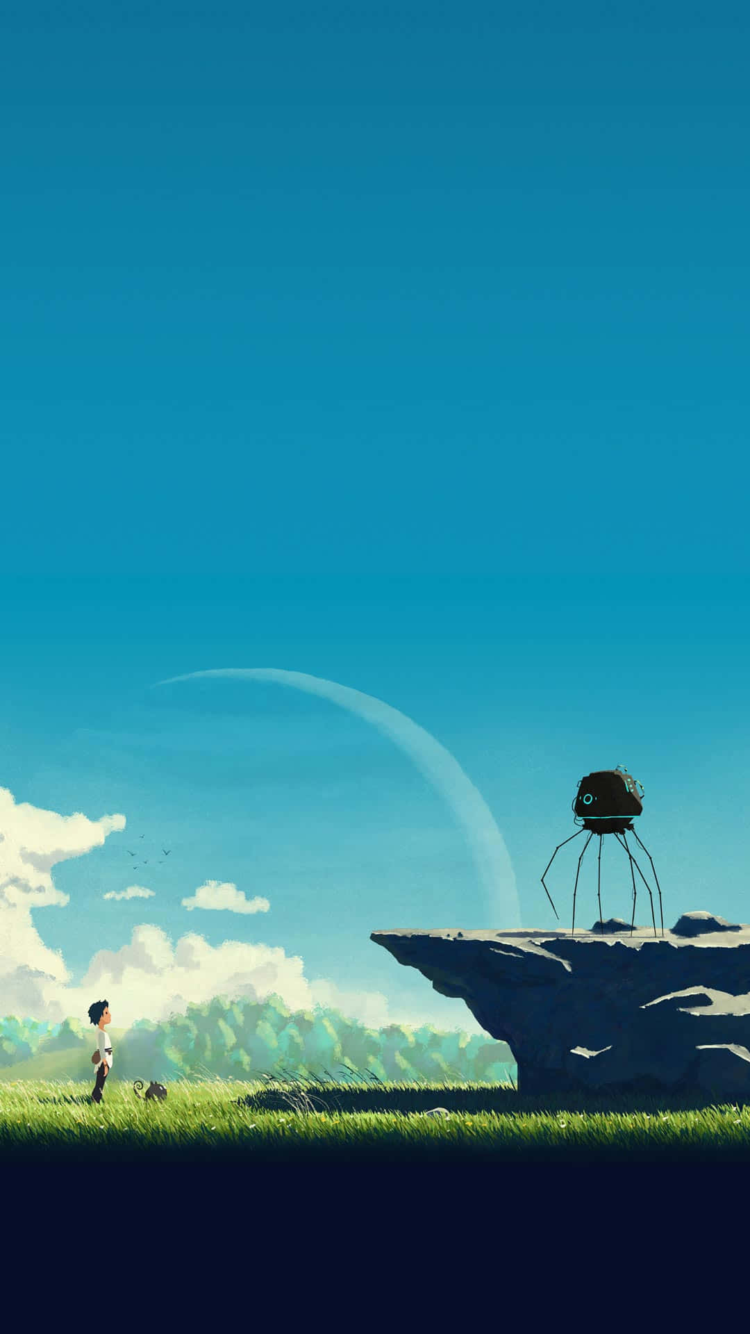 孩子在藍天白雲下仰望懸崖上的機械人。