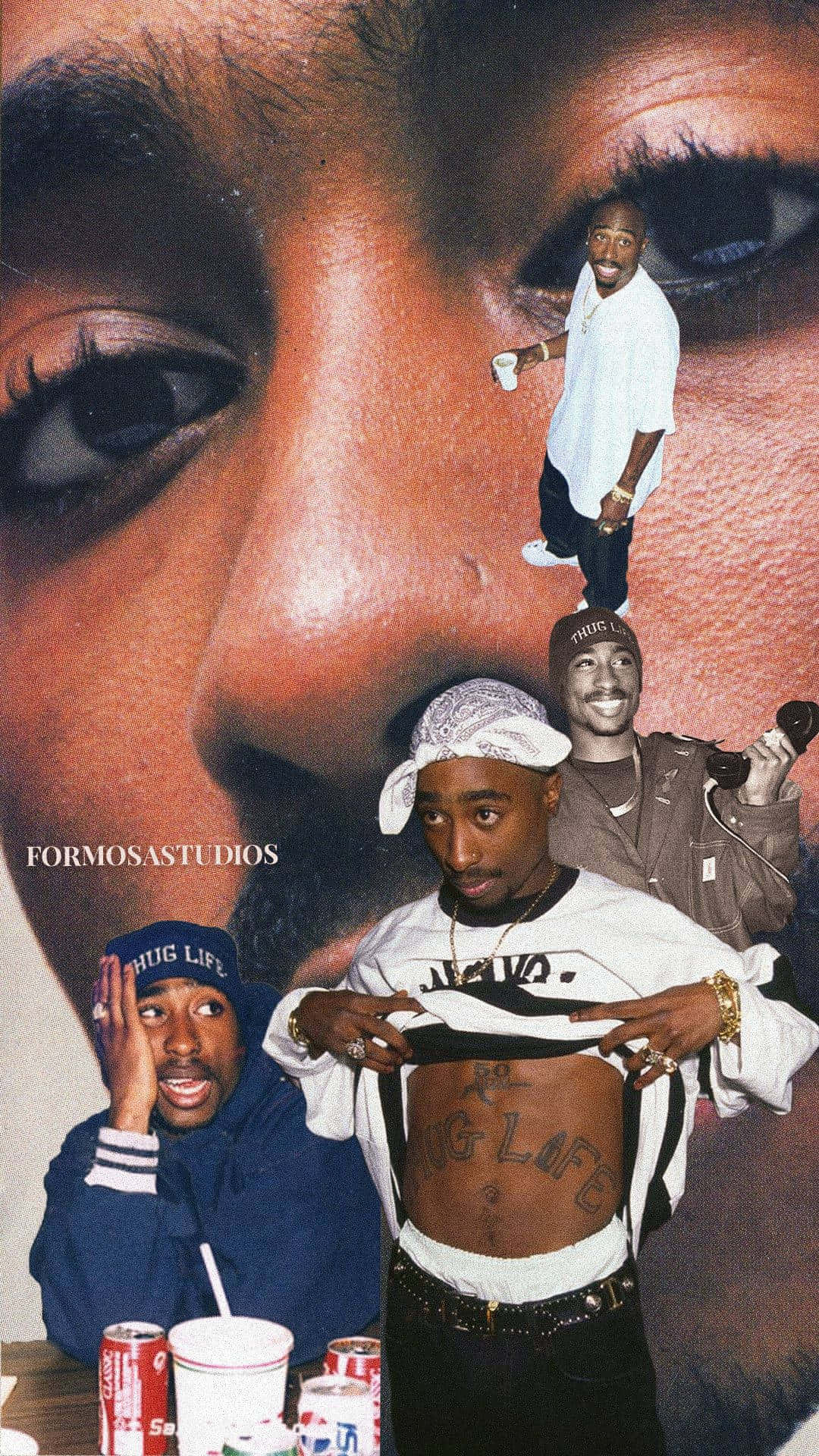 Tupac Shakur拼貼畫，帶有'Hug Life'文字和桌上的汽水罐。