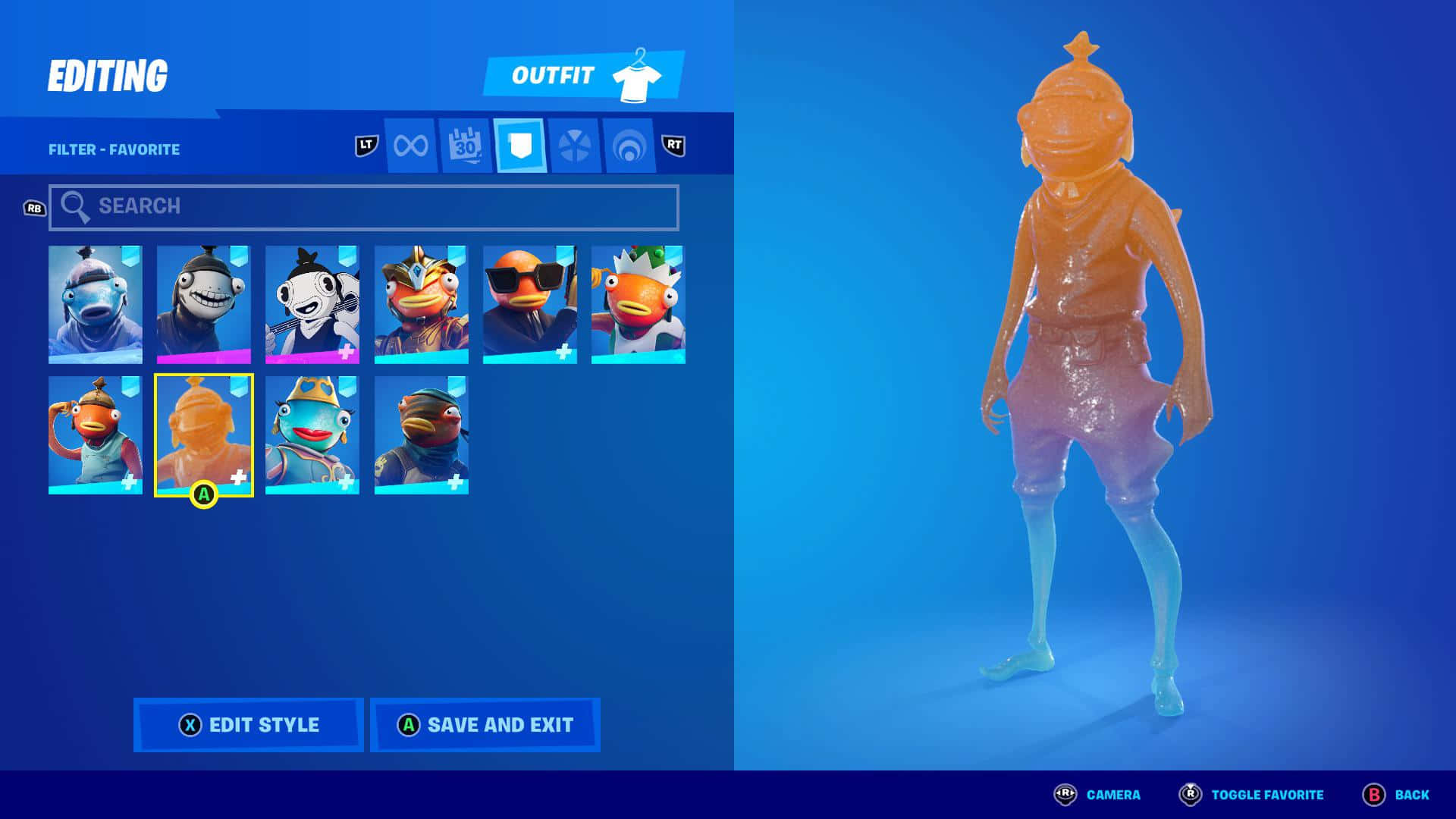 立即獲取《Fortnite》熱門魚條皮膚！ 壁紙 — Fortnite 角色自訂畫面，顯示從頭像選項網格中選擇的發光橙色魚主題服裝。